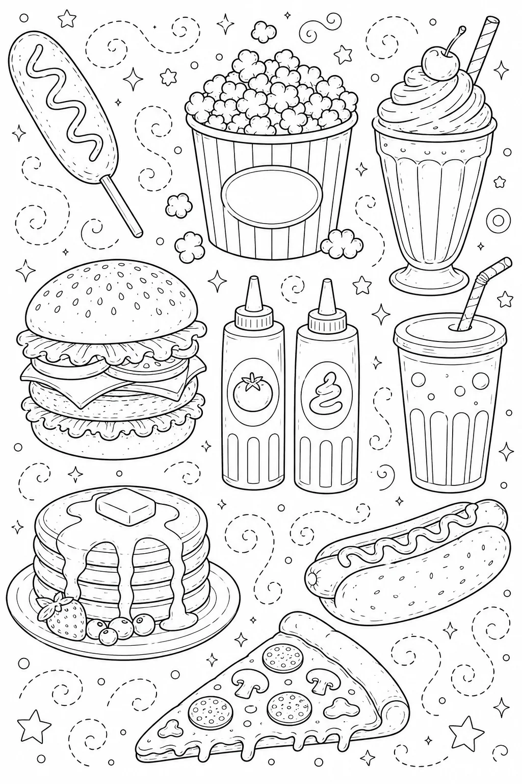 Printable Classic American Food golden corn dog and buttered popcorn doodle coloring page sheet