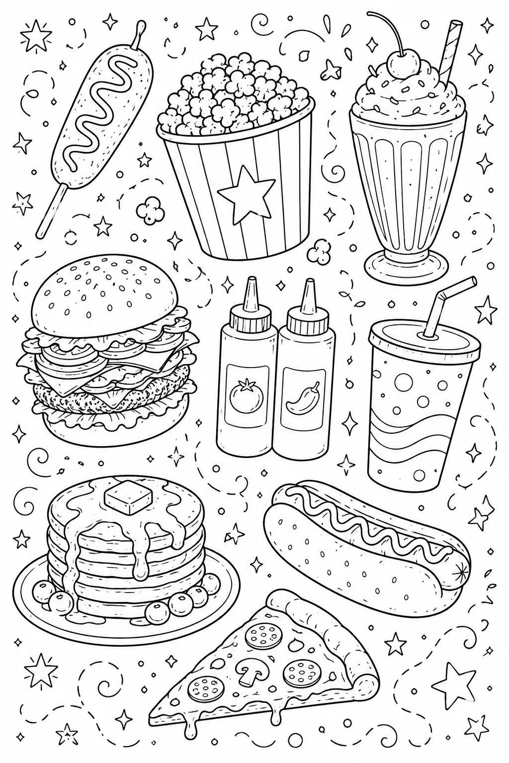 Printable Classic American Food double cheeseburger and sweet milkshake doodle coloring page sheet