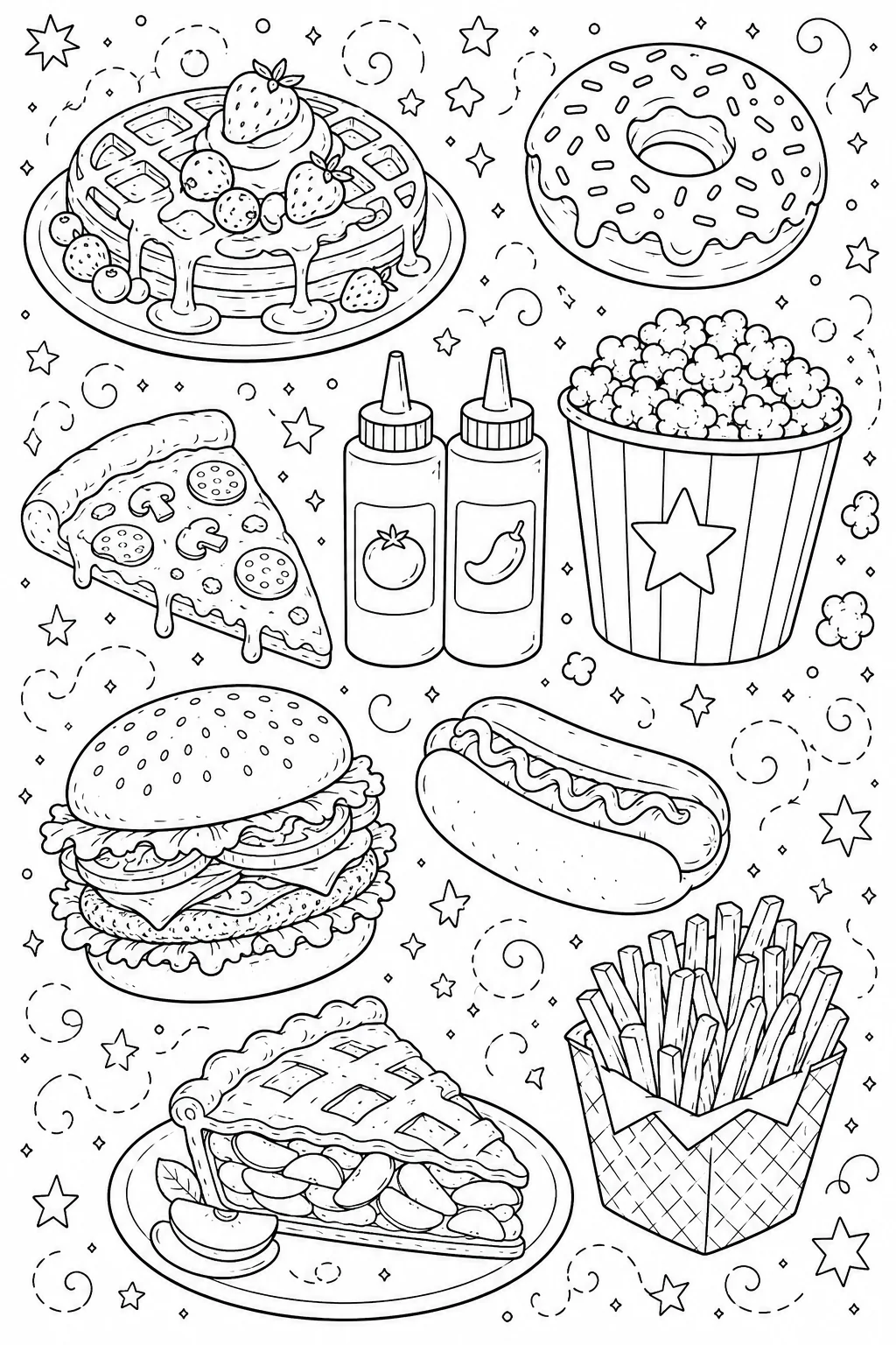 Printable Classic American Food homemade apple pie and sweet glazed treats doodle coloring page sheet