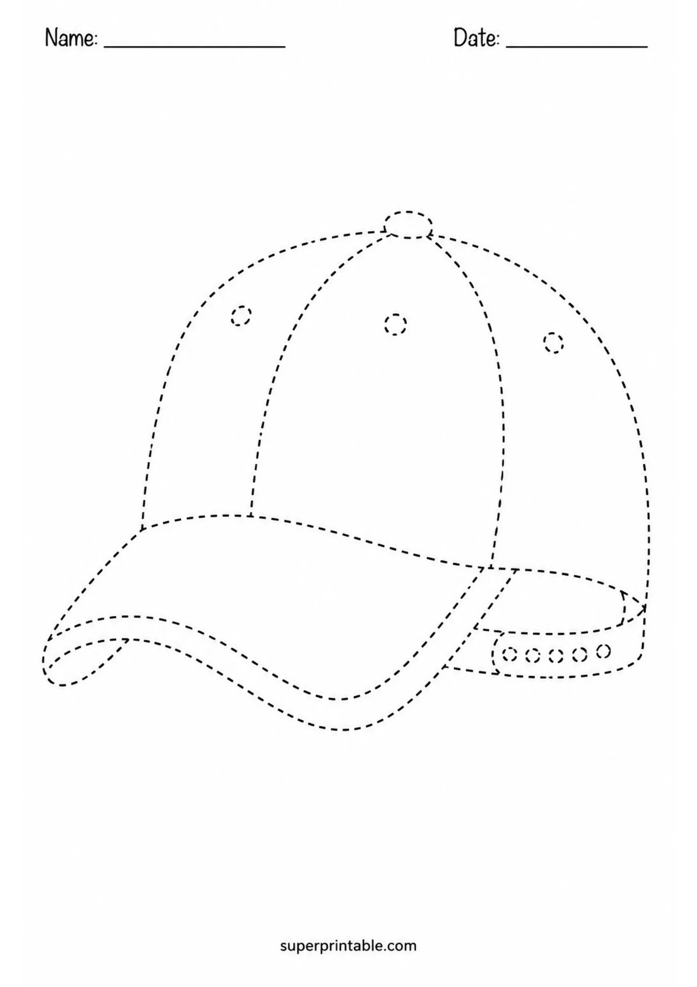 Dotted outline baseball cap tracing worksheet designed for preschool coloring activities.