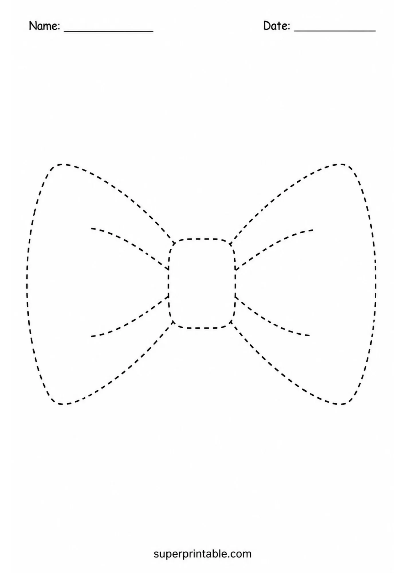 Symmetrical classic bow tie dotted line tracing activity worksheet for young toddlers.