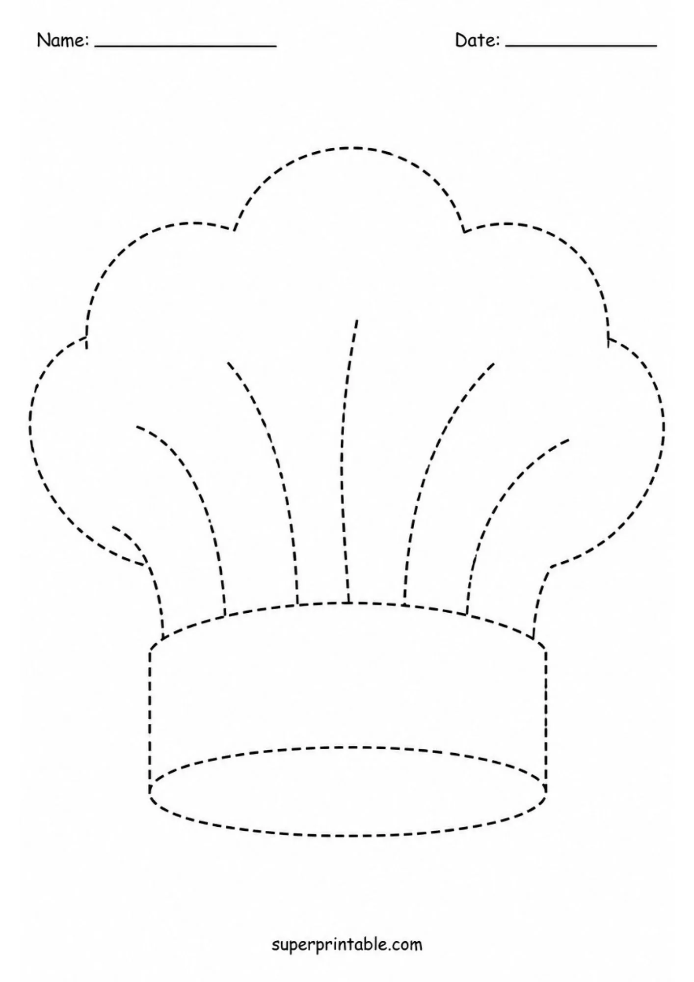 Printable pizza maker activity worksheets page with a puffy toque chef hat to trace.