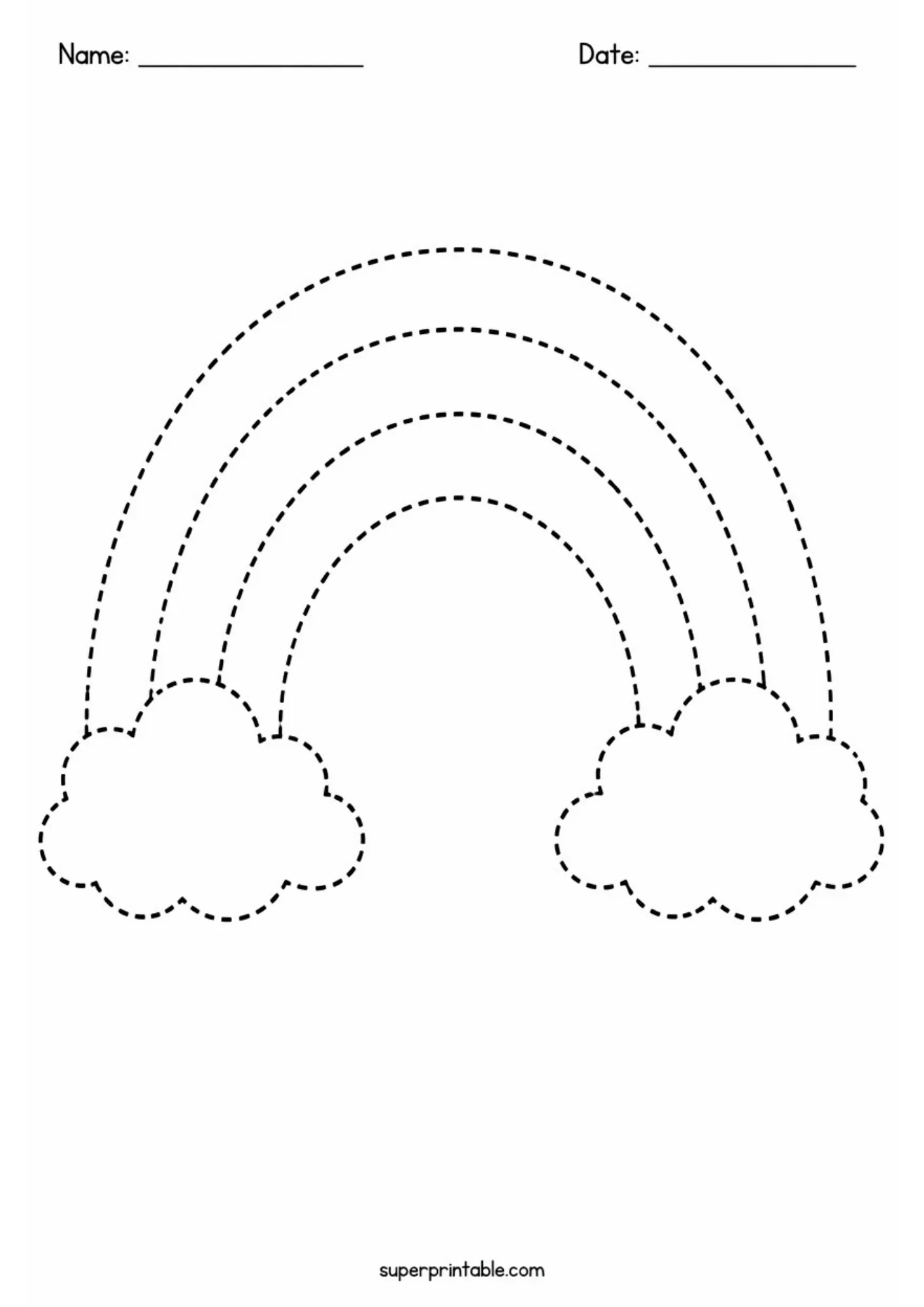 Black and white tracing worksheet of a clean four-band arched rainbow resting on cloud bases drawn in dashed lines.