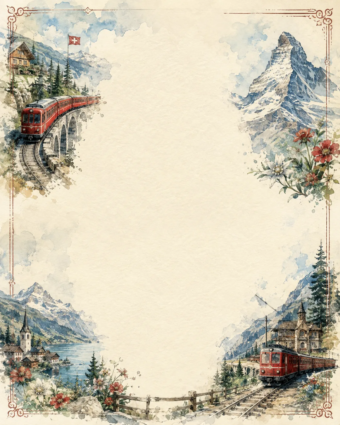 Classic European train station building with clock tower in watercolor washed border.