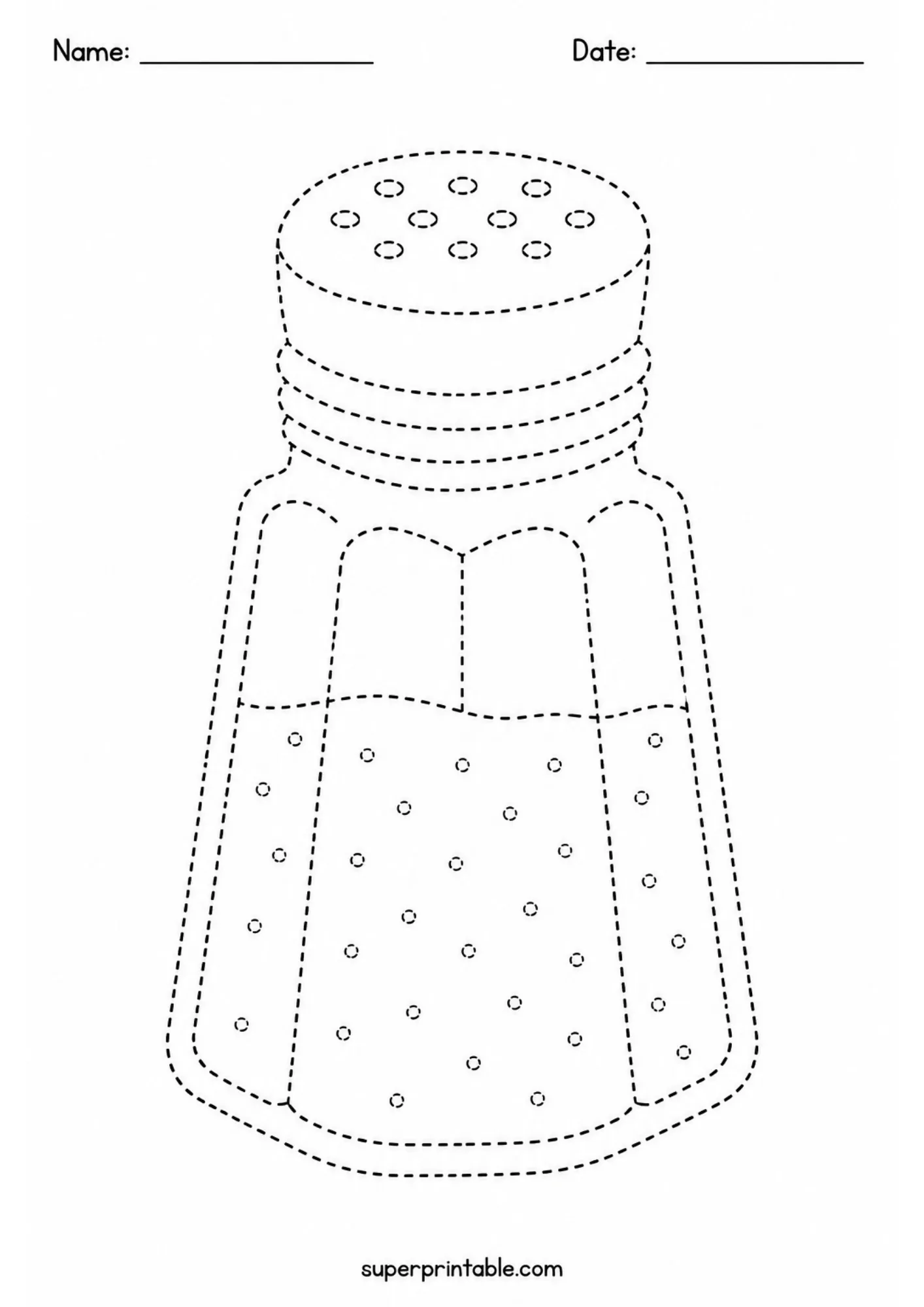 Glass salt shaker utensil line tracing activity page for early writing and coloring practice.
