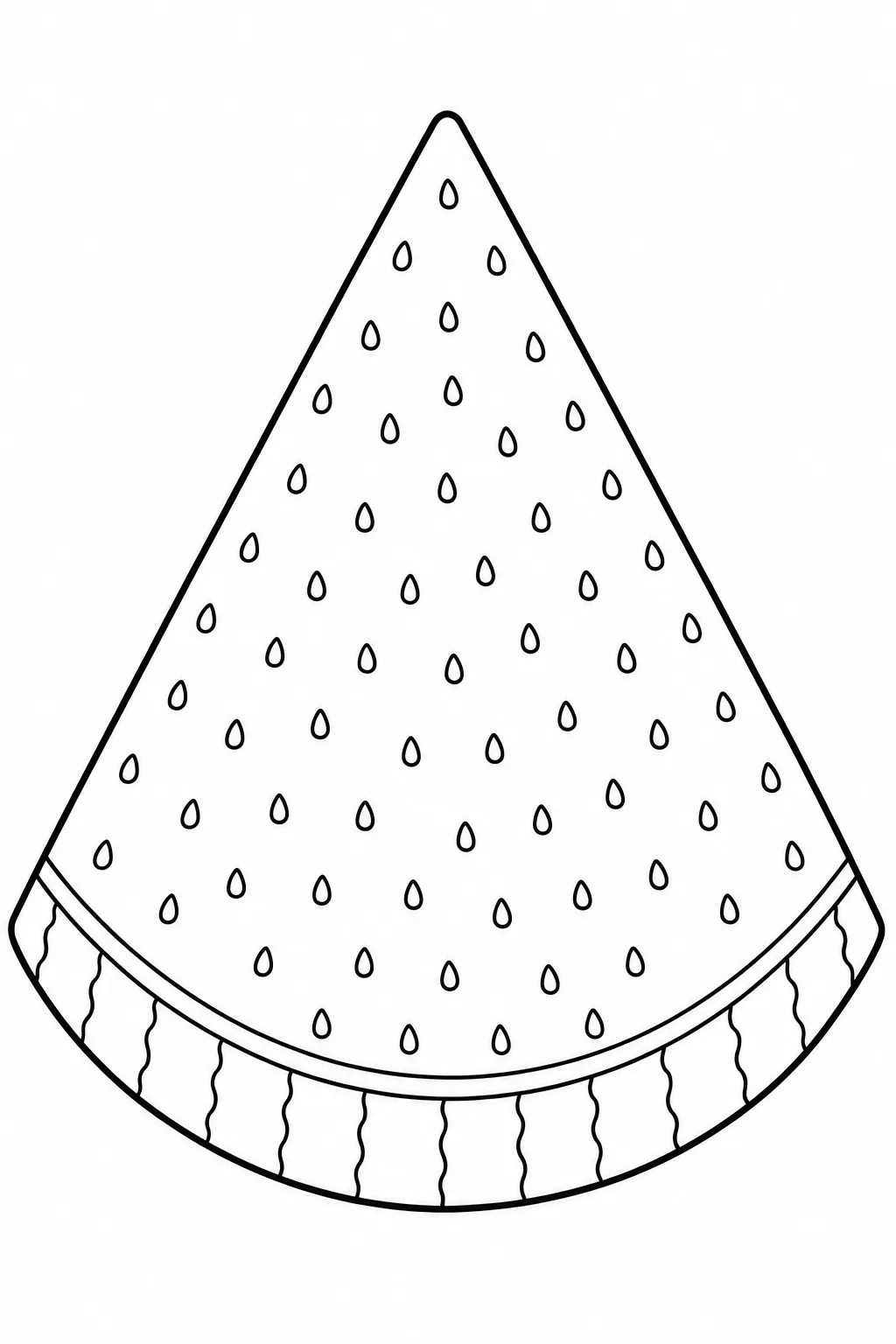 Classic tall watermelon slice line art covered in traditional black seeds coloring page.