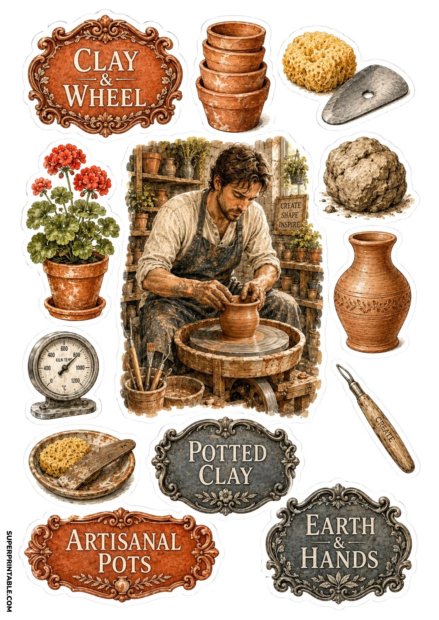 Handmade ceramic pottery stickers illustrating a craftsman throwing clay on a wheel with terracotta pots.