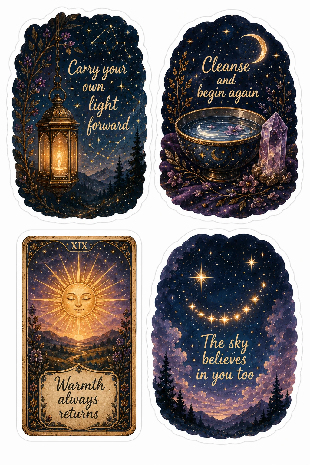 Cleanse Begin Again Sky Believes In You Sheet featuring celestial aesthetic, cosmic magic, moon phases, tarot cards, and astrology.