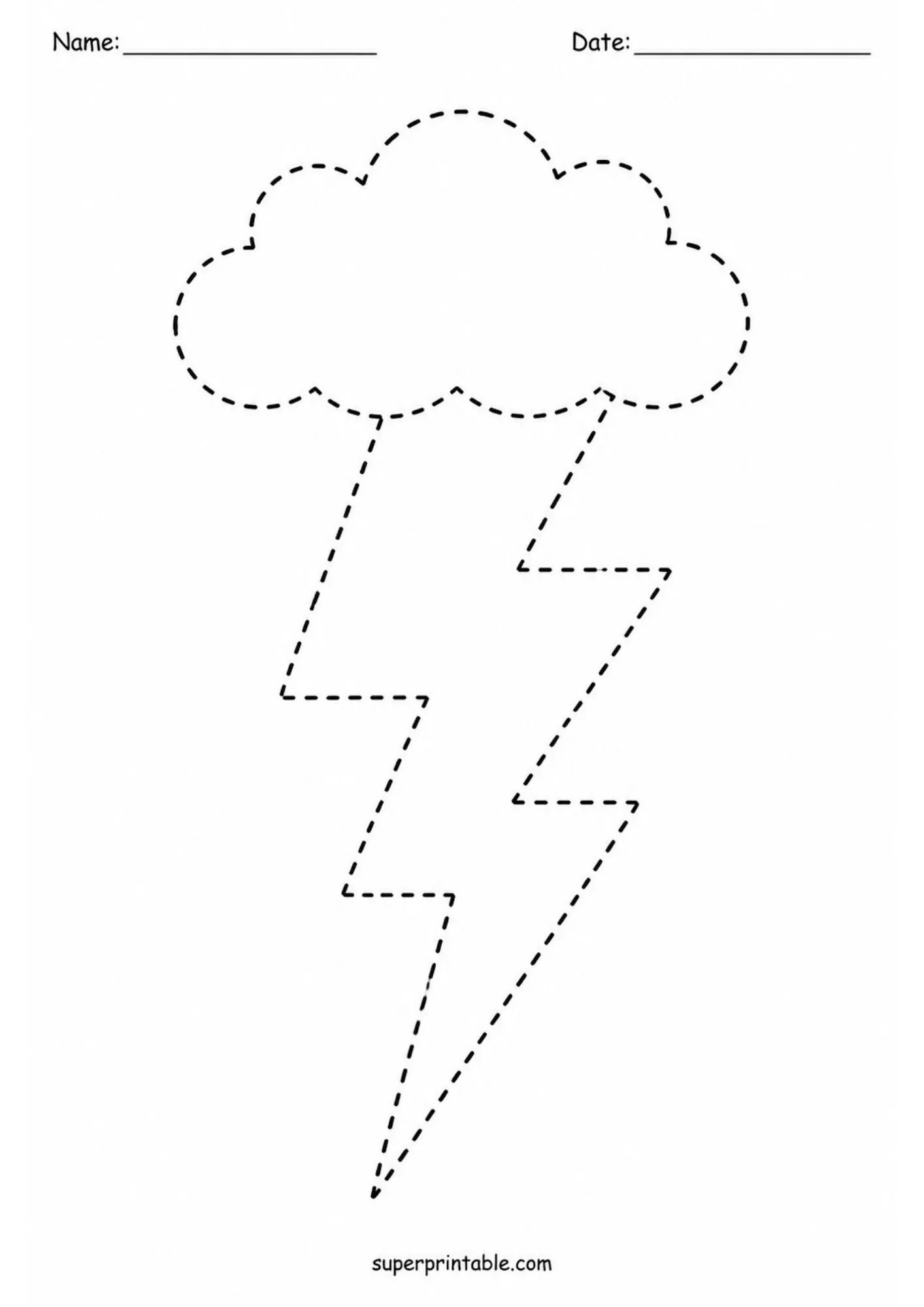 Black and white tracing worksheet displaying a cloud with a sharp zig-zag dashed lightning bolt below it.