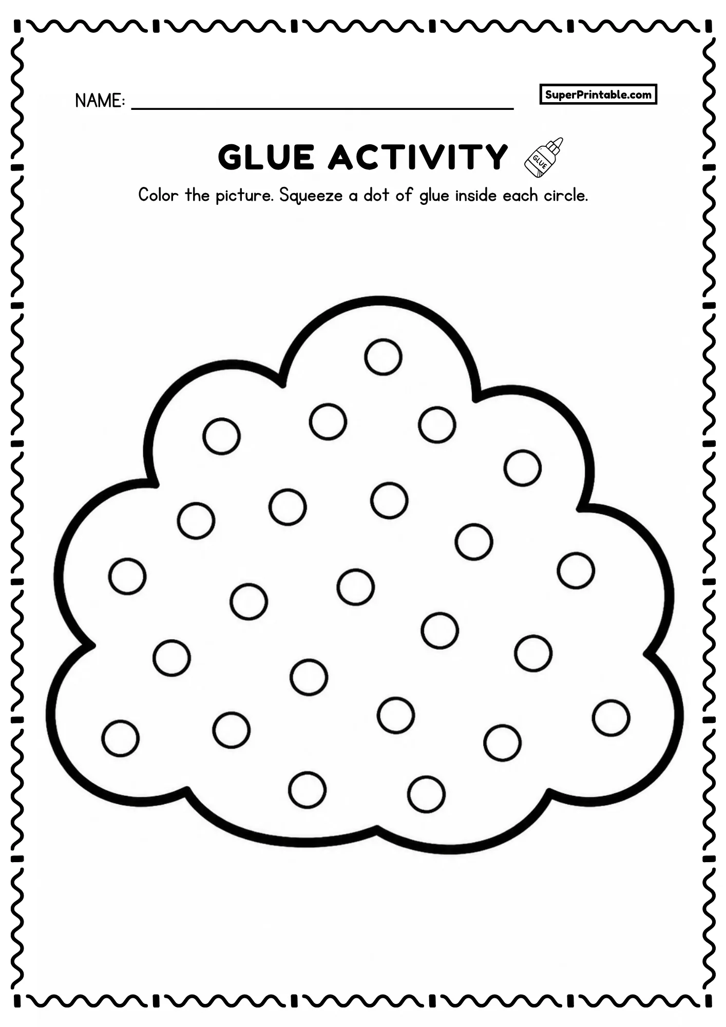 Puffy cloud printable glue activity worksheet with bumpy edges and dot circles for preschoolers