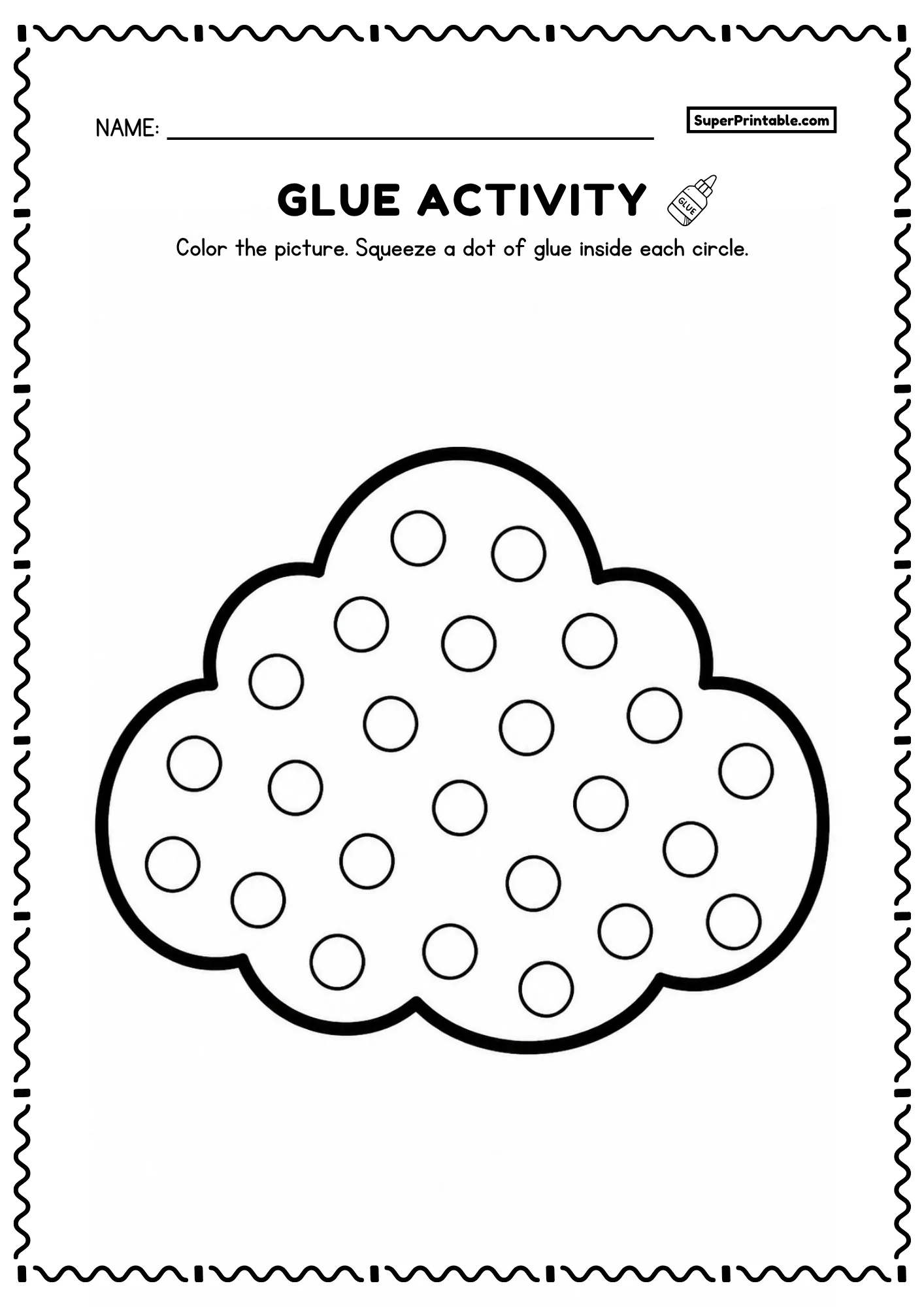 Fluffy cloud glue activity with empty circles for toddlers and preschoolers