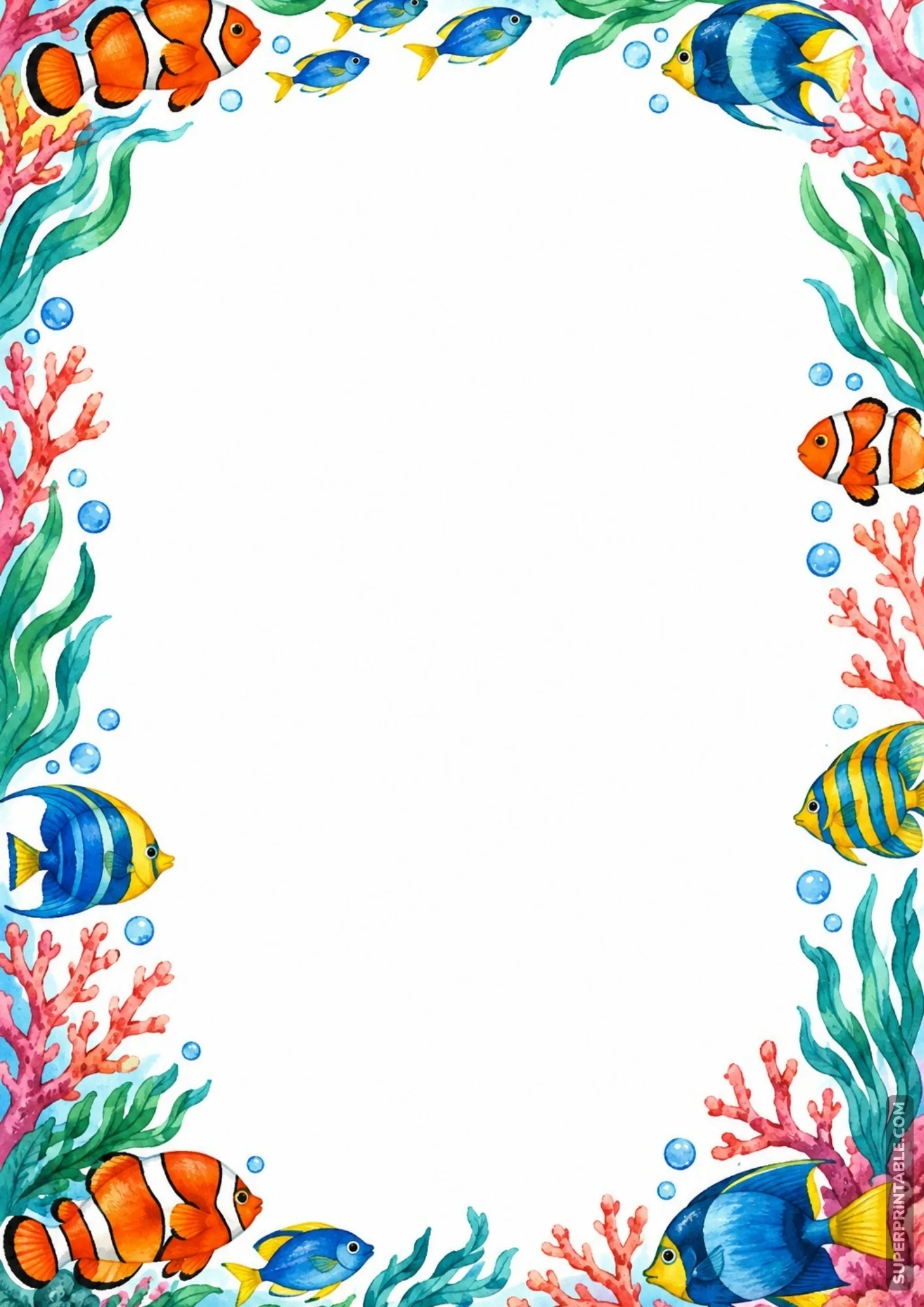 Vibrant clownfish and blue fish swimming along a lush seaweed page border.