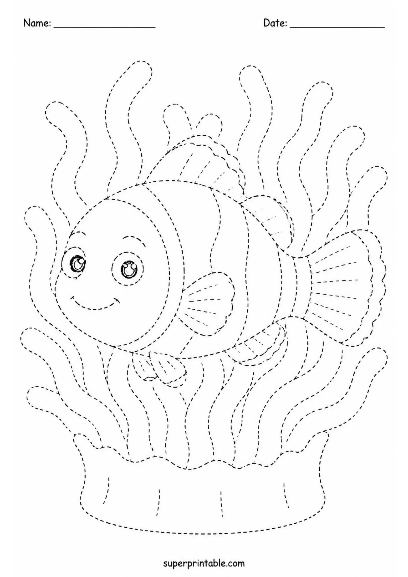 Clownfish swimming in sea anemone line art page for children's tracing activities.