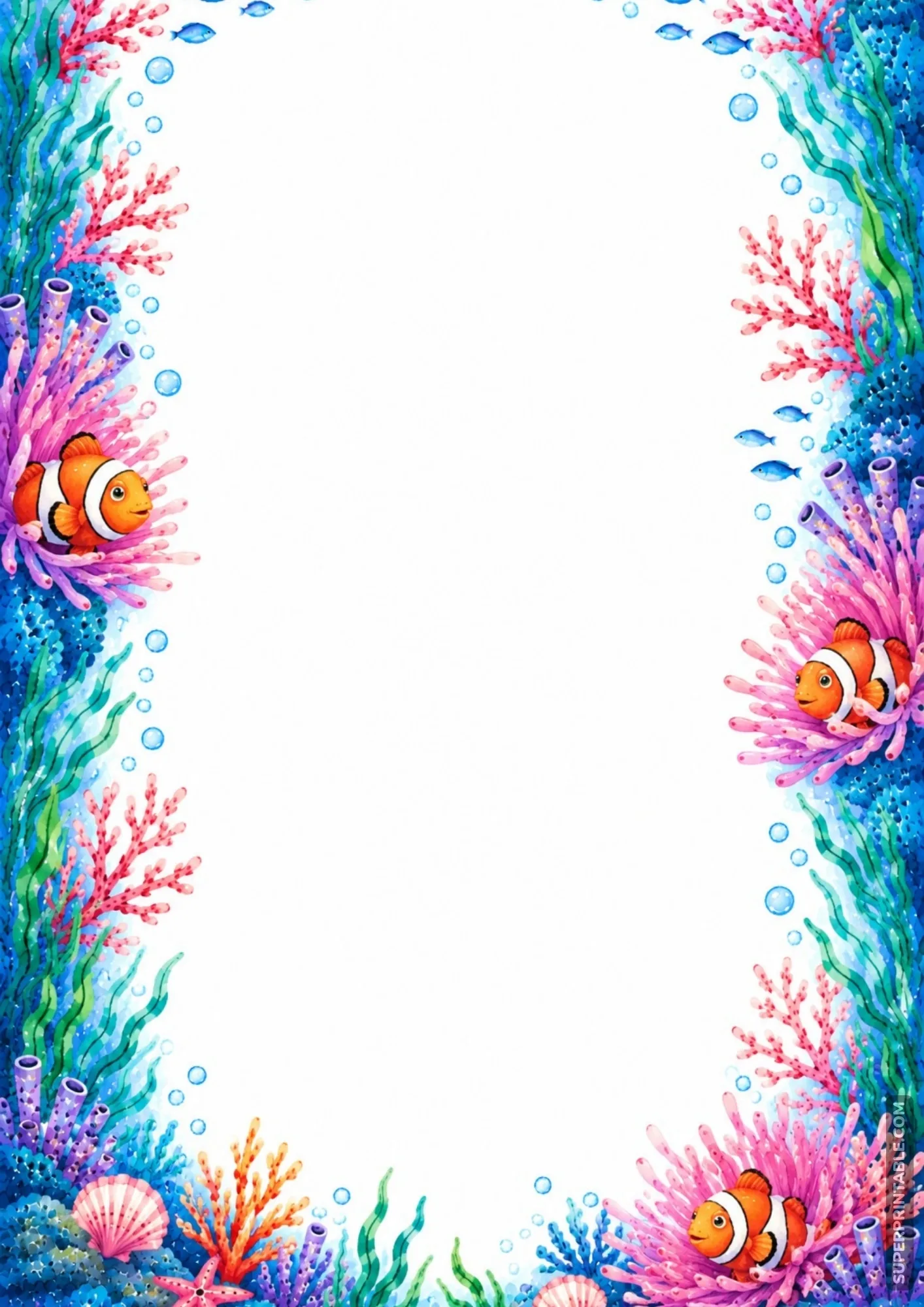 Cute clownfish peeking out from soft pink sea anemones on a colorful page frame.