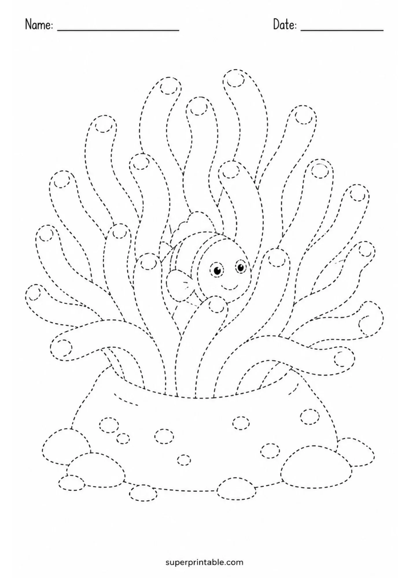 Tracing worksheet featuring a cute clownfish resting inside sea anemone tentacles.