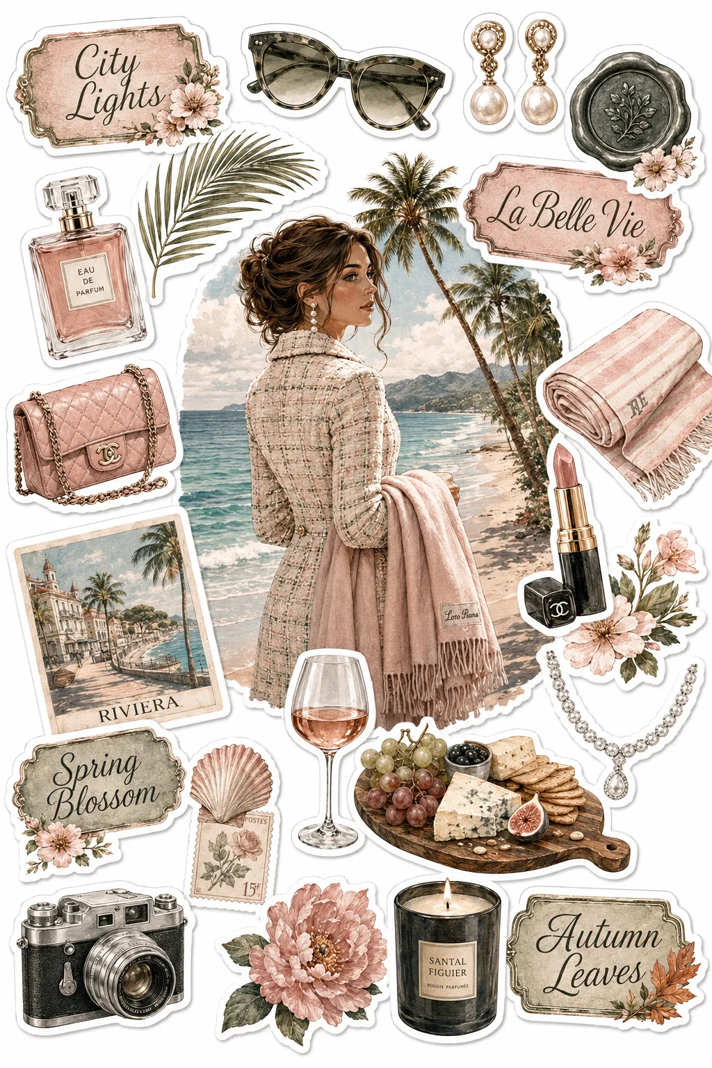 Brunette woman in a tweed coat on a tropical beach surrounded by gourmet picnic stickers and perfume.