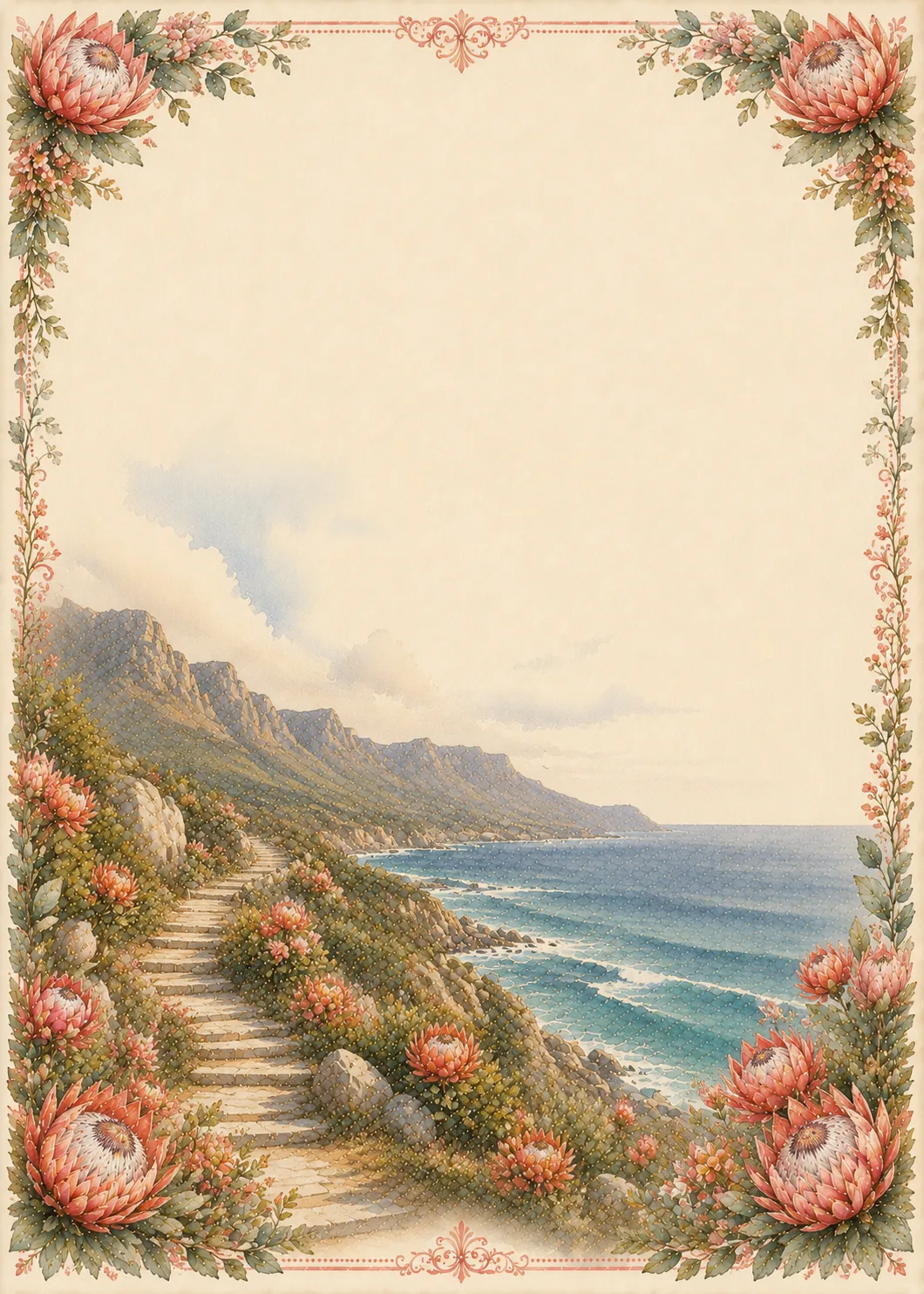 california coast stationery border pages showing ocean cliff staircase