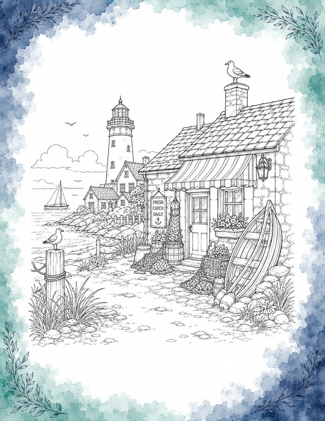 Black and white seaside coloring page featuring a fisherman's cottage with a Fresh Catch Daily sign, rowboat, fishing nets, seagull, and lighthouse inside a blue watercolor border.