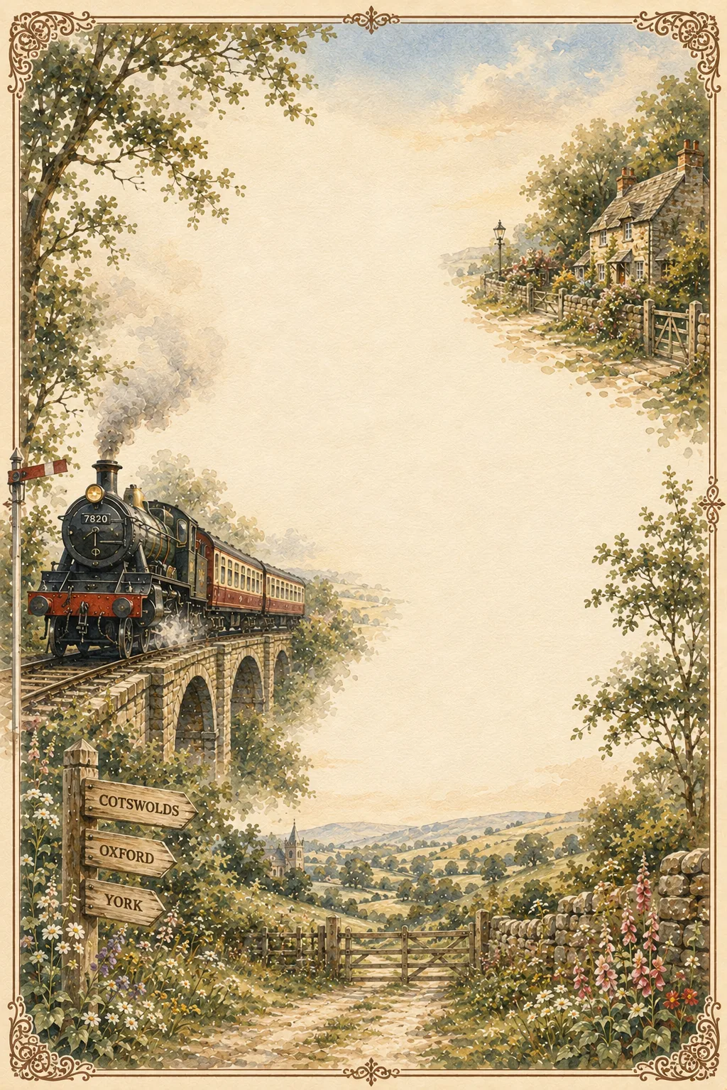 Coastal railway terminal overlooking sea horizons with soft washed paper border.