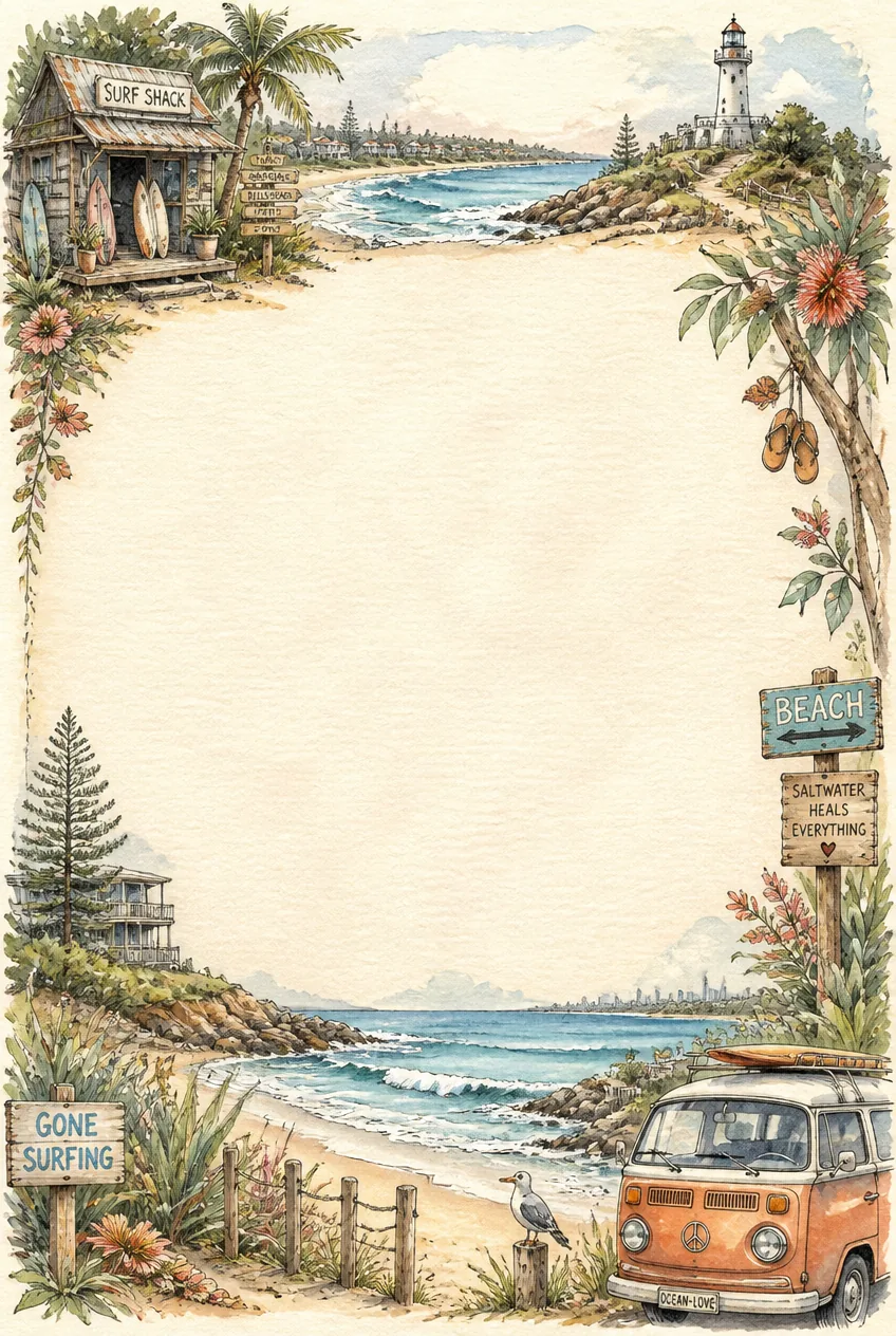 Peaceful coastal cottages and palm trees watercolor border framing a plain note box.
