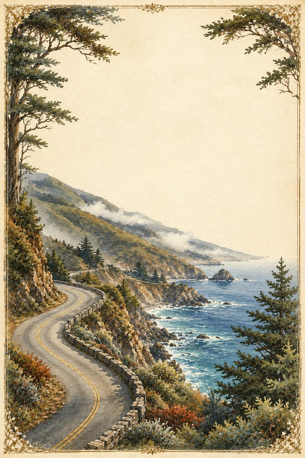 Canadian rockies washed border pages featured artwork with a winding coastal road along rocky ocean cliffs.