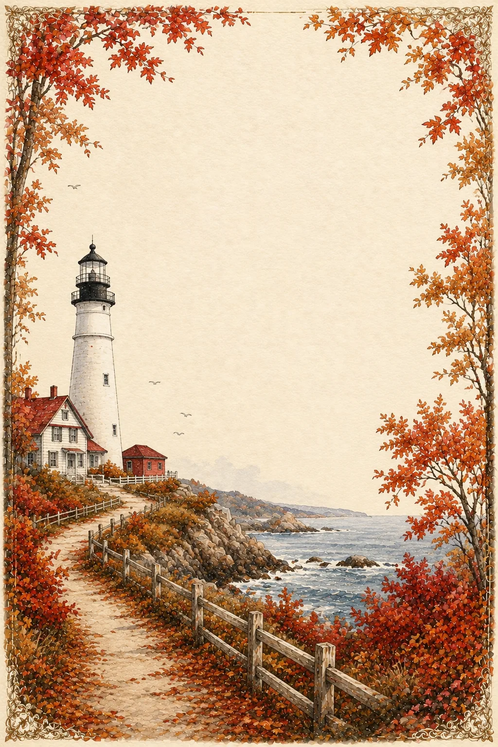 New england fall border paper depicting a scenic coastal lighthouse surrounded by red autumn foliage.