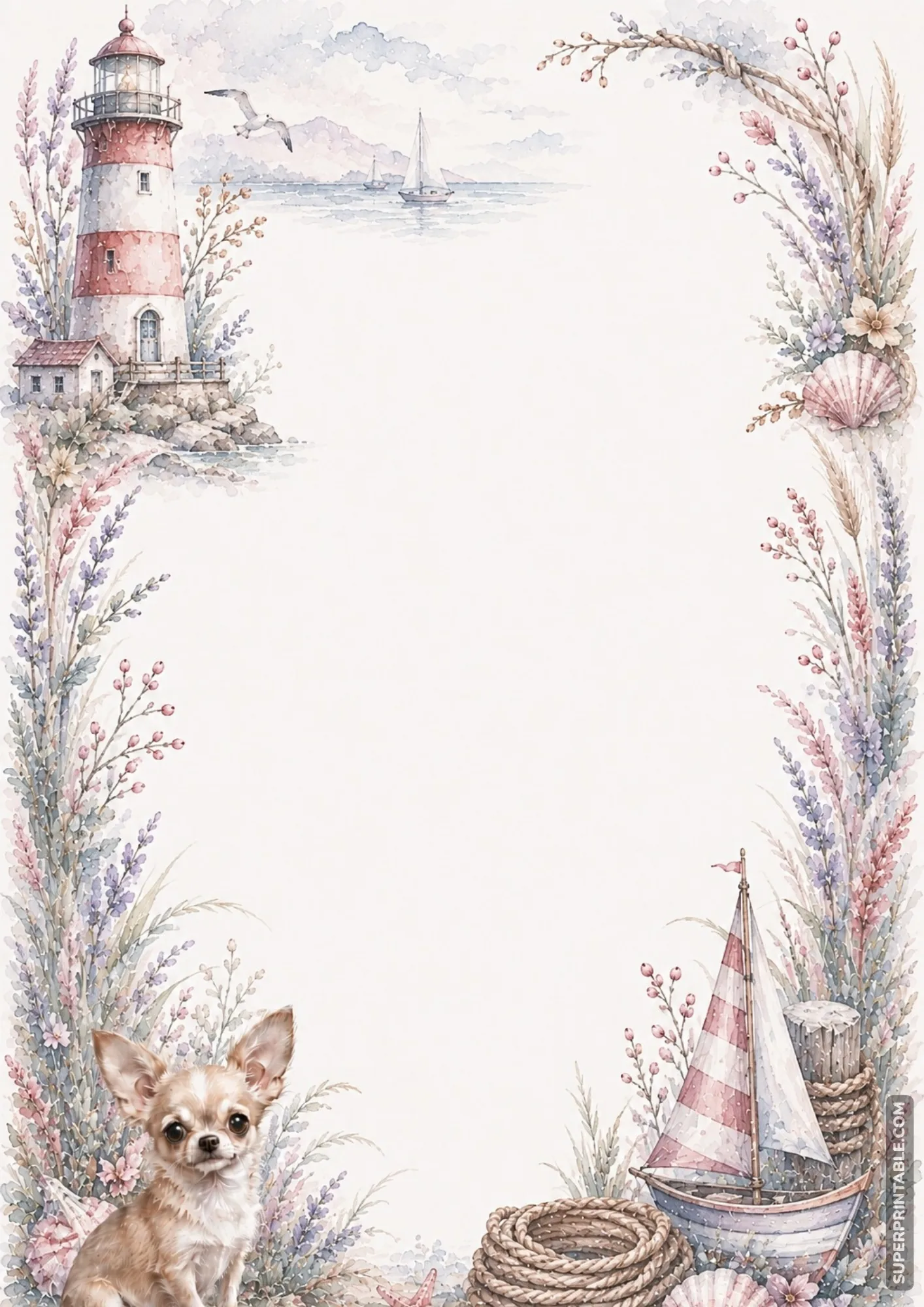Nautical coastal border with red lighthouse ocean sailboats seashells and a chihuahua dog