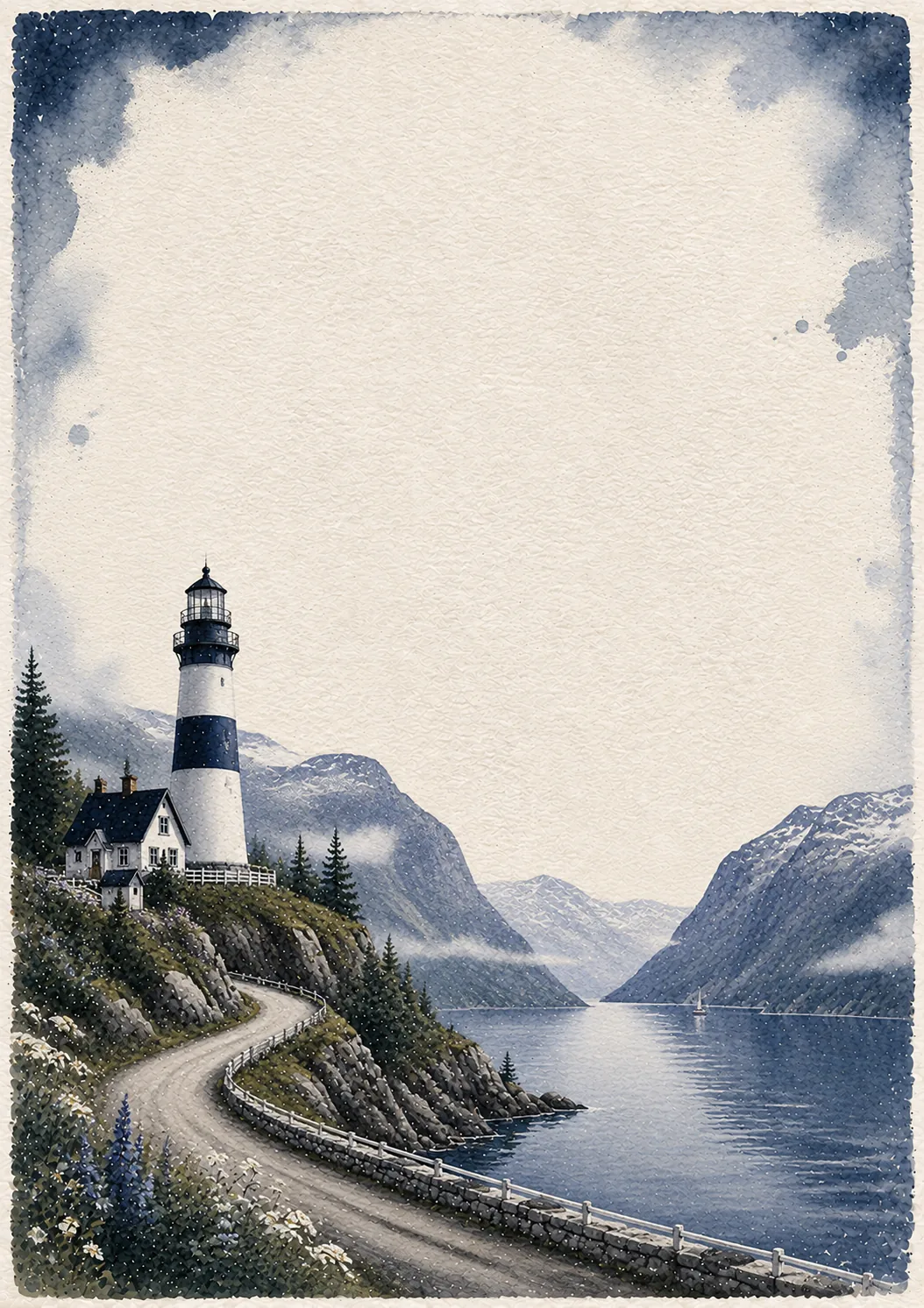 Stationery border page featuring a blue and white coastal lighthouse on a cliff overlooking the sea.