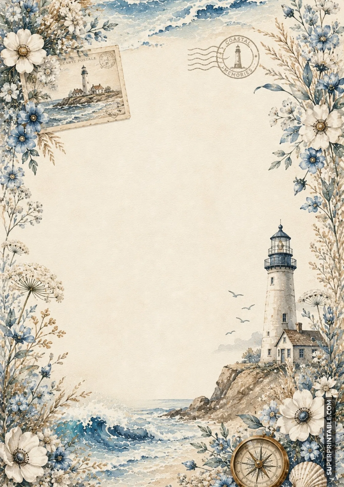 Coastal lighthouse writing page with flowers, rocks, ocean, and open center