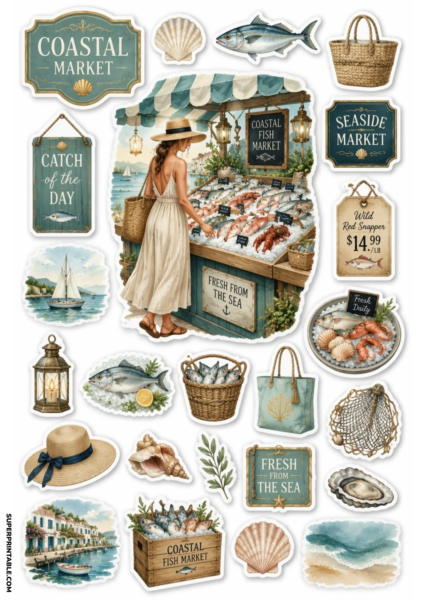 Seaside coastal market stickers depicting a woman browsing a fresh seafood market counter.