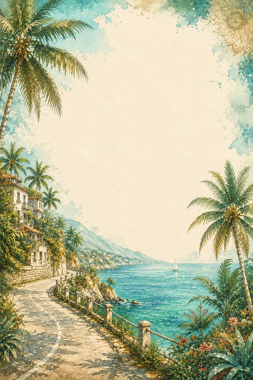 Scenic coastal road overlooking turquoise ocean waters and hillside villas under tall palm trees.