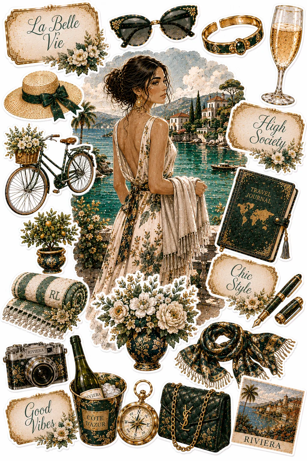 Woman in a floral dress looking at a coastal bay surrounded by champagne bucket and bike stickers.