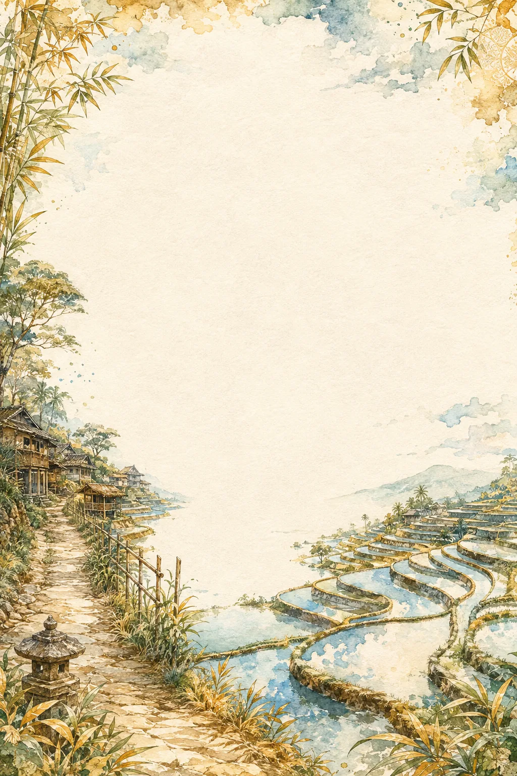 Water-filled rice paddies and coastal village huts framed by delicate watercolor bamboo leaves.