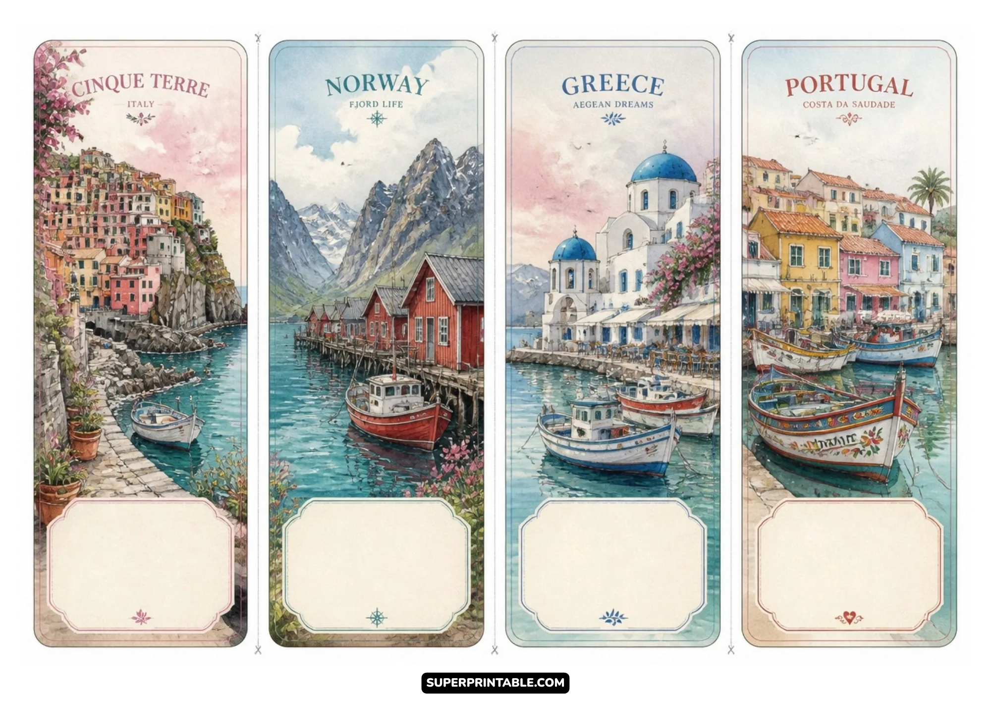 Beautiful watercolor bookmarks portraying scenic European coastal villages, colorful harbor boats, and fjord waters.