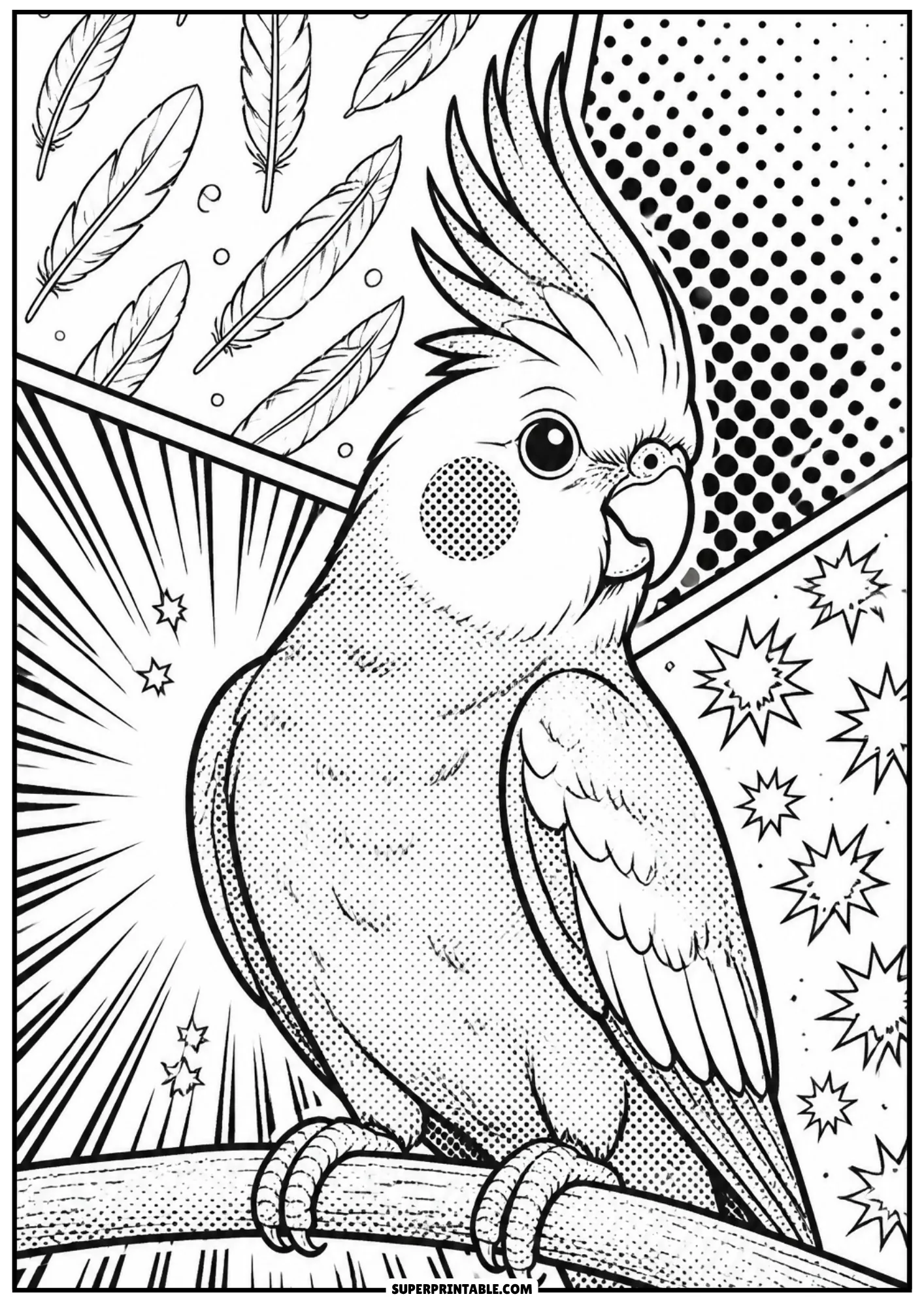 Crested cockatiel bird sitting on a branch surrounded by pop art feathers, stars, and speed rays.