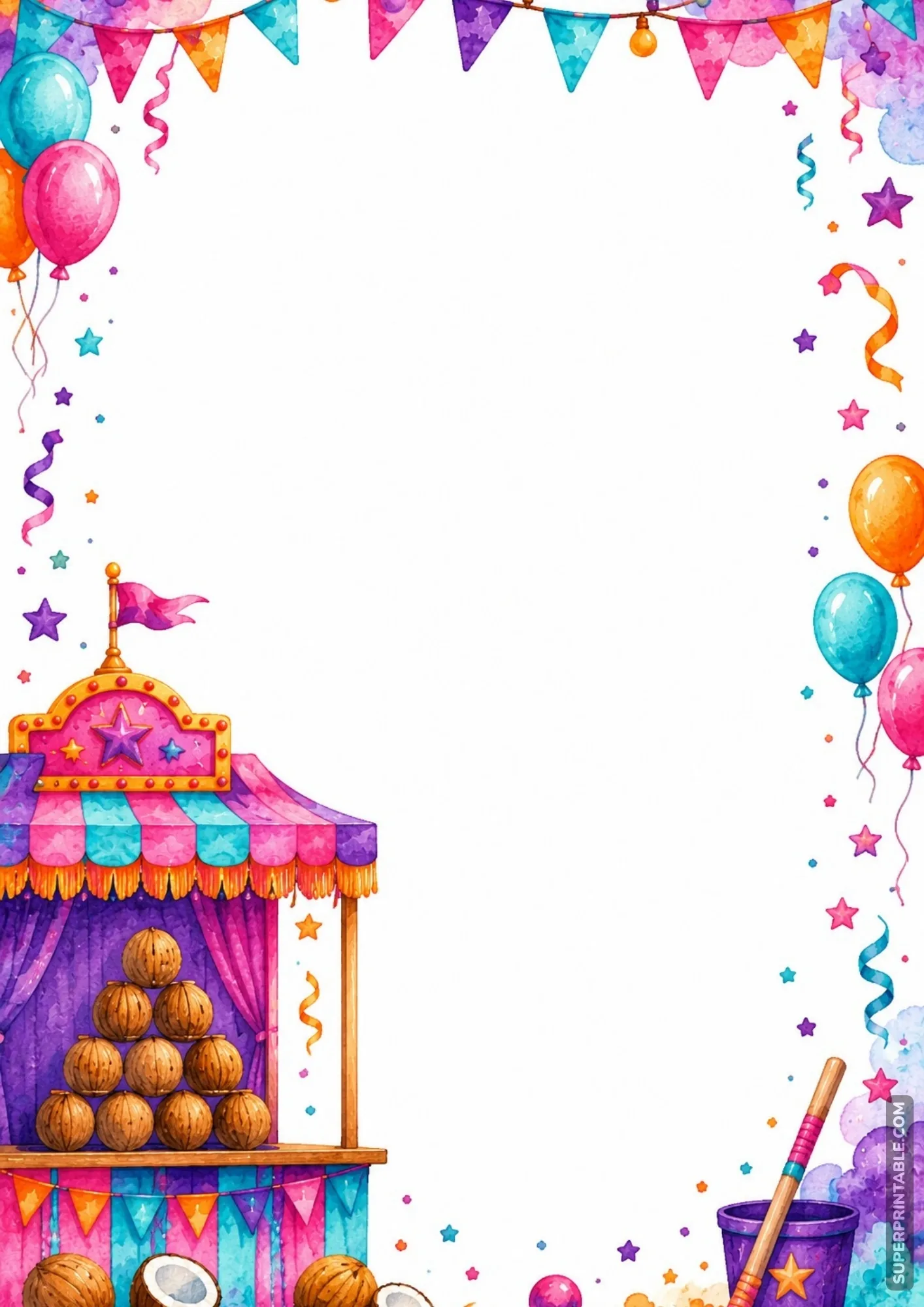 Festive carnival border template featuring a coconut shy game booth with throwing sticks.