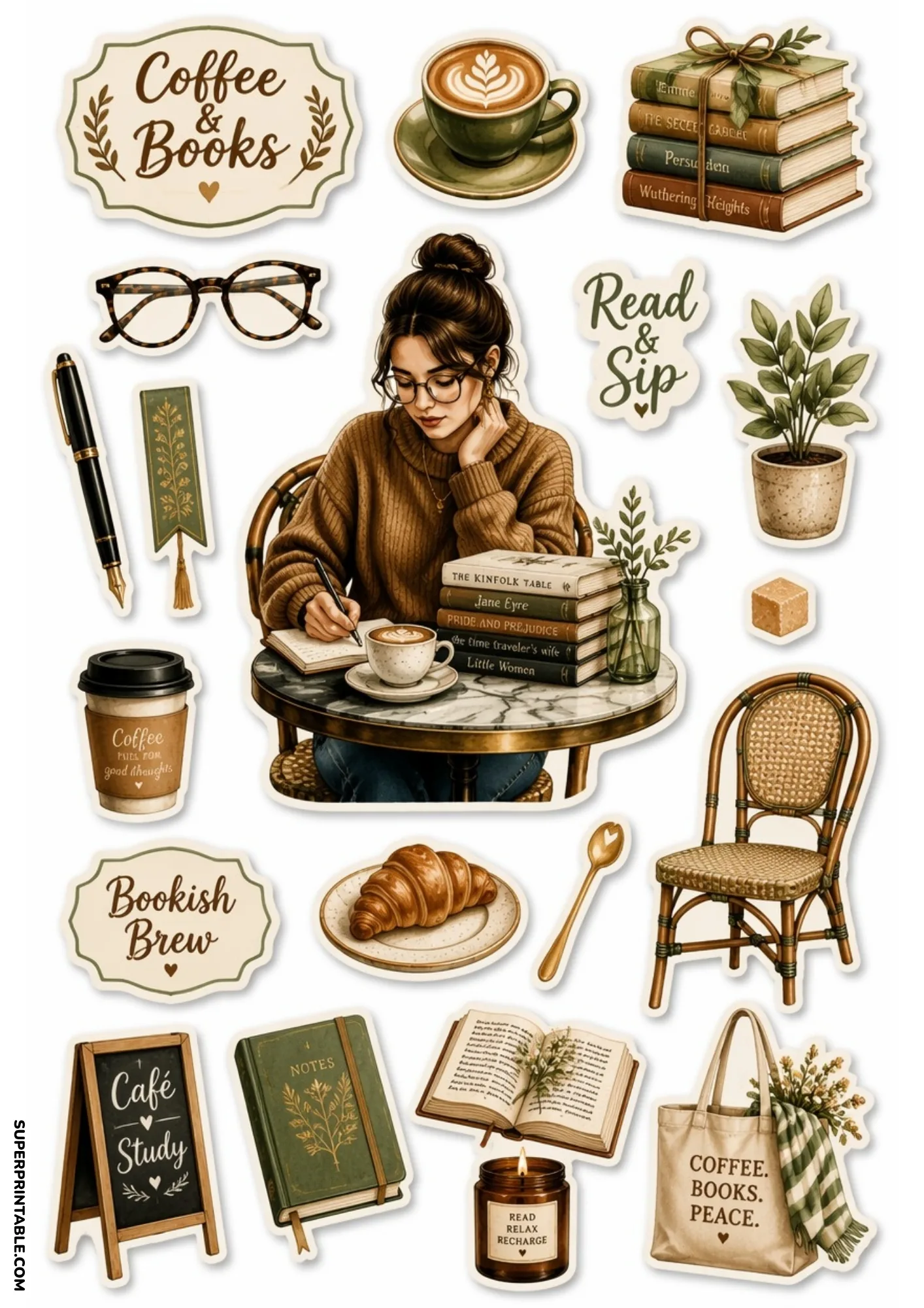 Book lovers stickers showing a woman reading surrounded by classic book stacks and warm coffee.