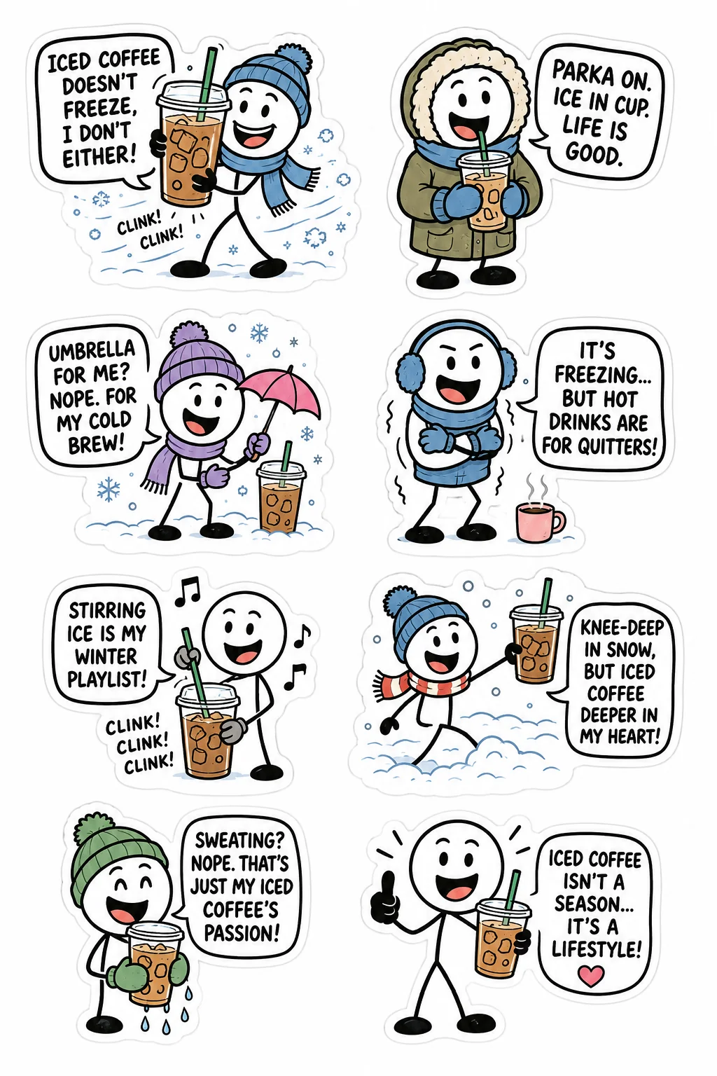 Printable coffee and caffeine sticker sheet with eight iced coffee in winter stick-figure stickers