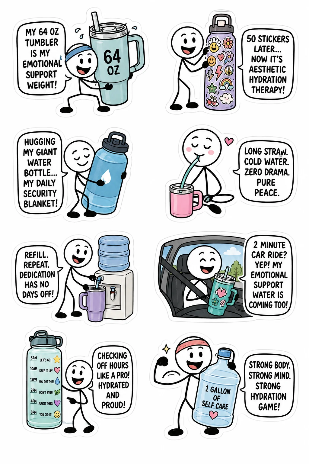 Printable coffee and caffeine sticker sheet with eight emotional support water bottle stick-figure stickers