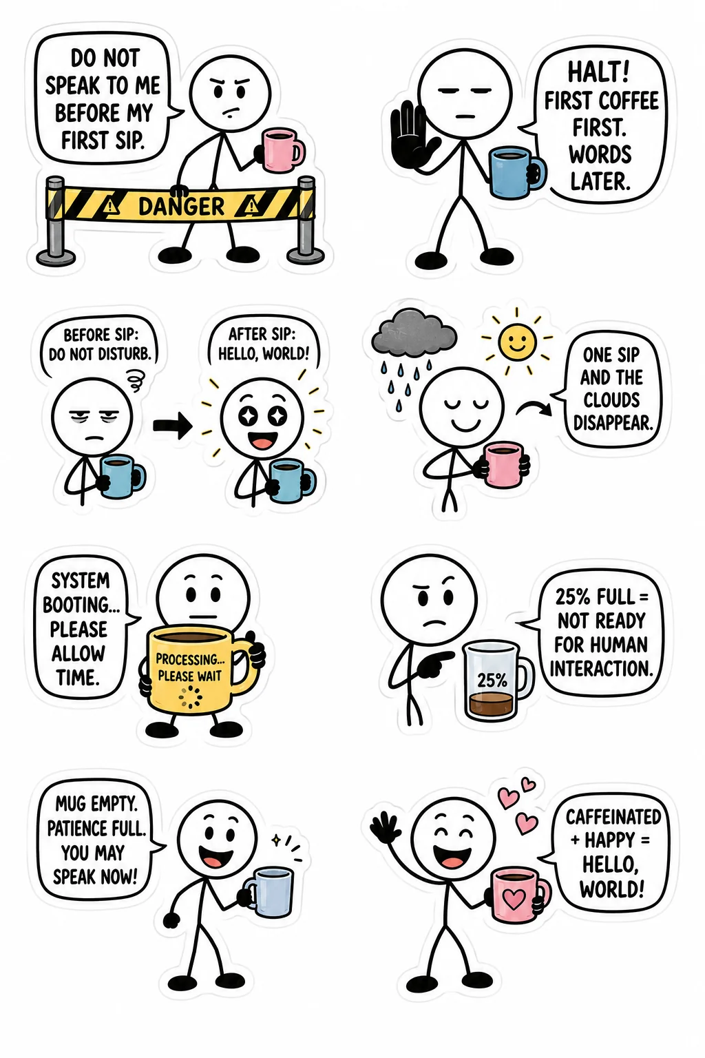 Printable coffee and caffeine sticker sheet with eight before first sip stick-figure stickers