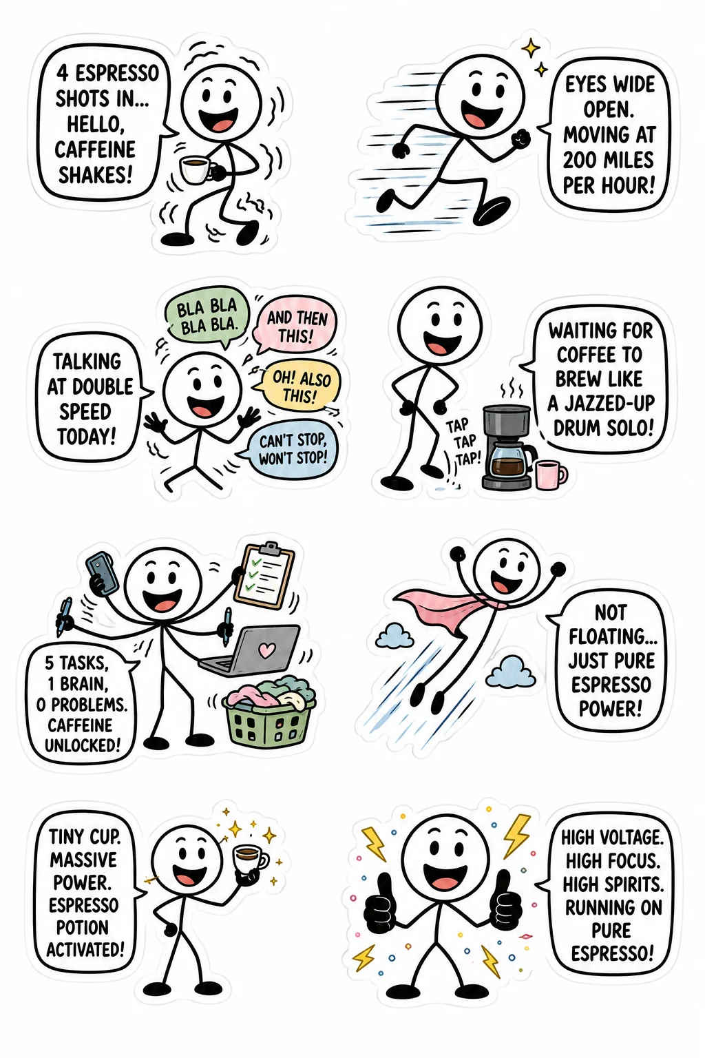 Printable coffee and caffeine sticker sheet with eight caffeine shakes stick-figure stickers