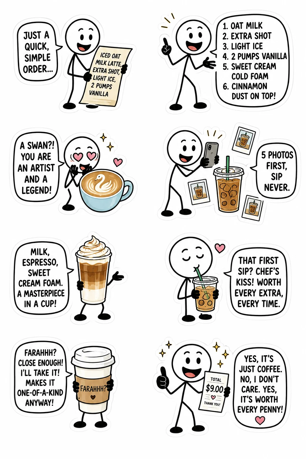 Printable coffee and caffeine sticker sheet with eight fancy coffee order stick-figure stickers