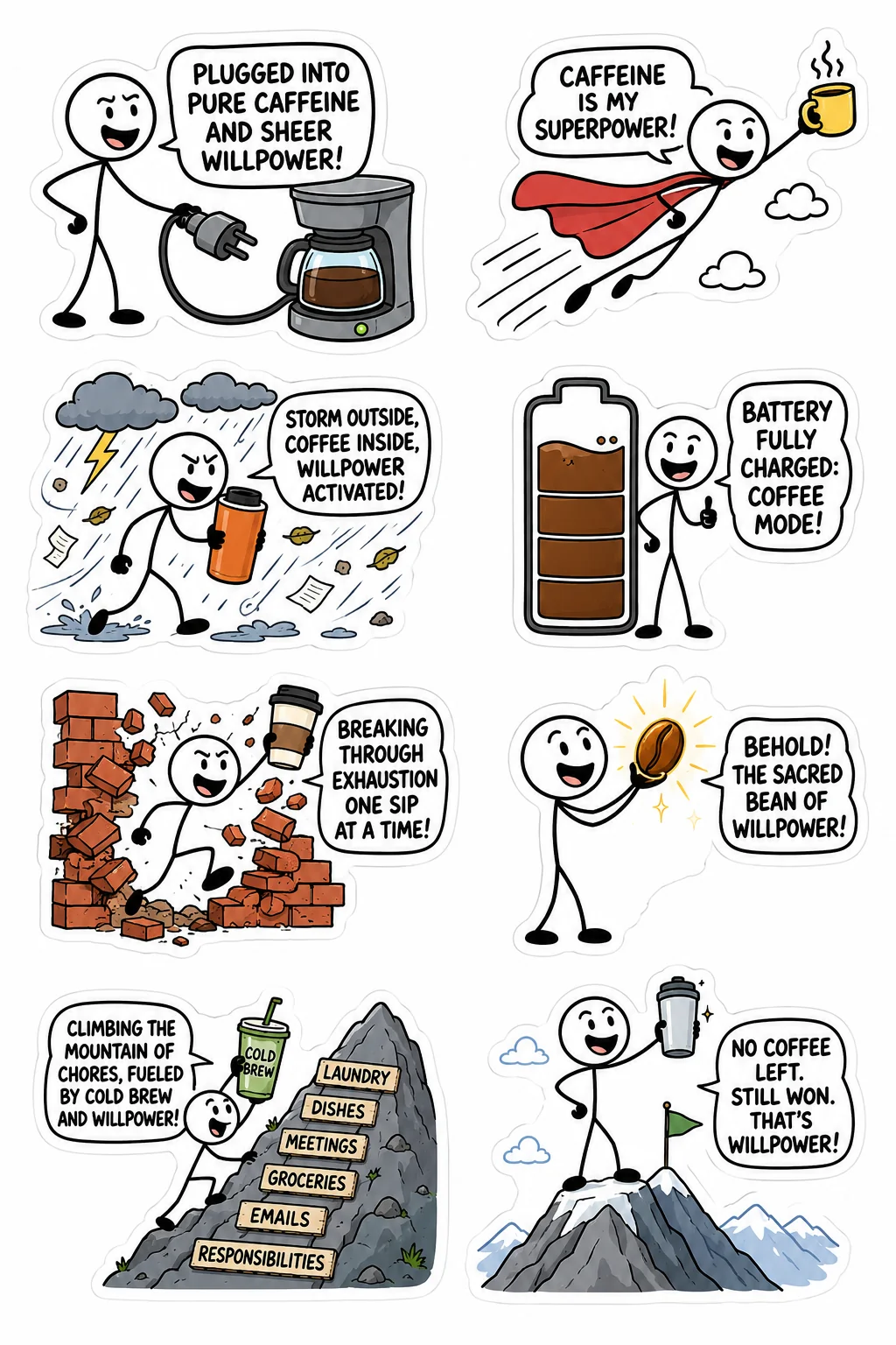 Printable coffee and caffeine sticker sheet with eight powered by caffeine stick-figure stickers