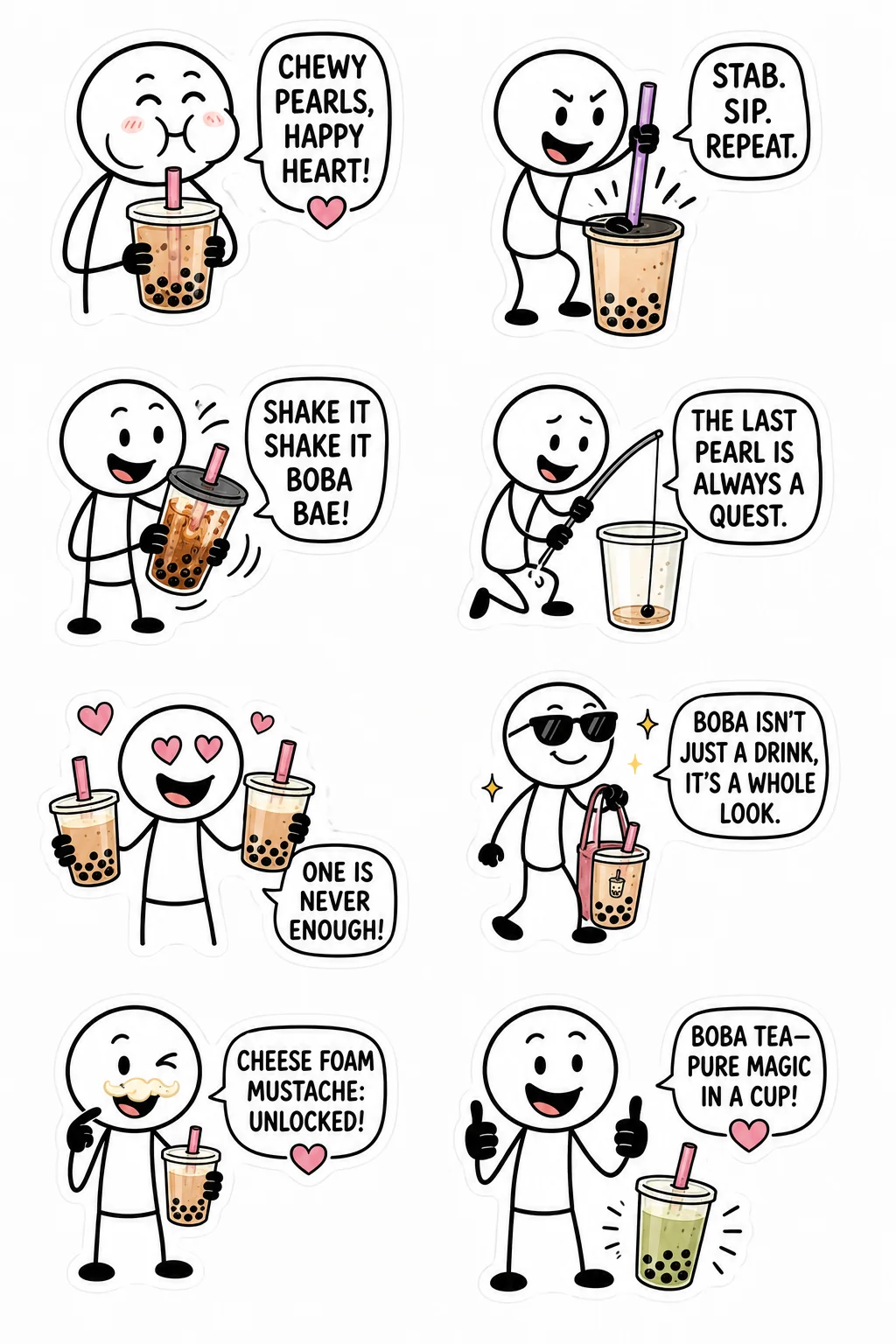 Printable coffee and caffeine sticker sheet with eight boba bubble tea stick-figure stickers