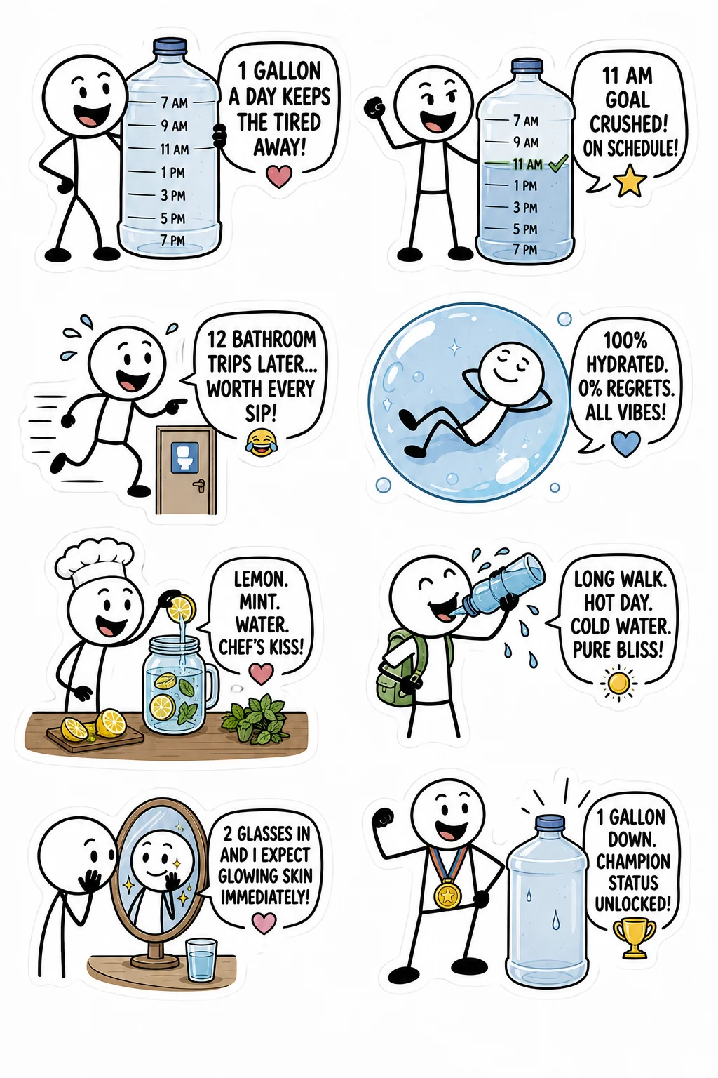Printable coffee and caffeine sticker sheet with eight gallon hydration stick-figure stickers