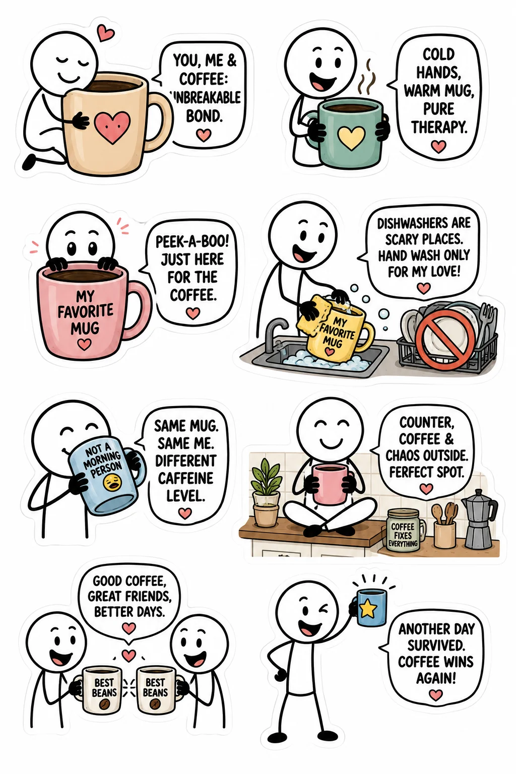 Printable coffee and caffeine sticker sheet with eight coffee mug hug stick-figure stickers
