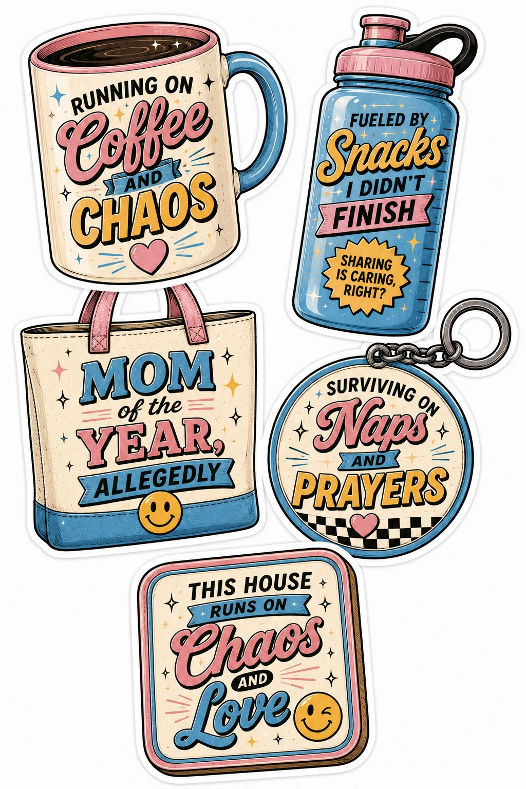 Coffee and Chaos Mom of the Year Mug Sheet featuring motherhood humor, tired mom life, coffee & chaos, and parenting struggles.
