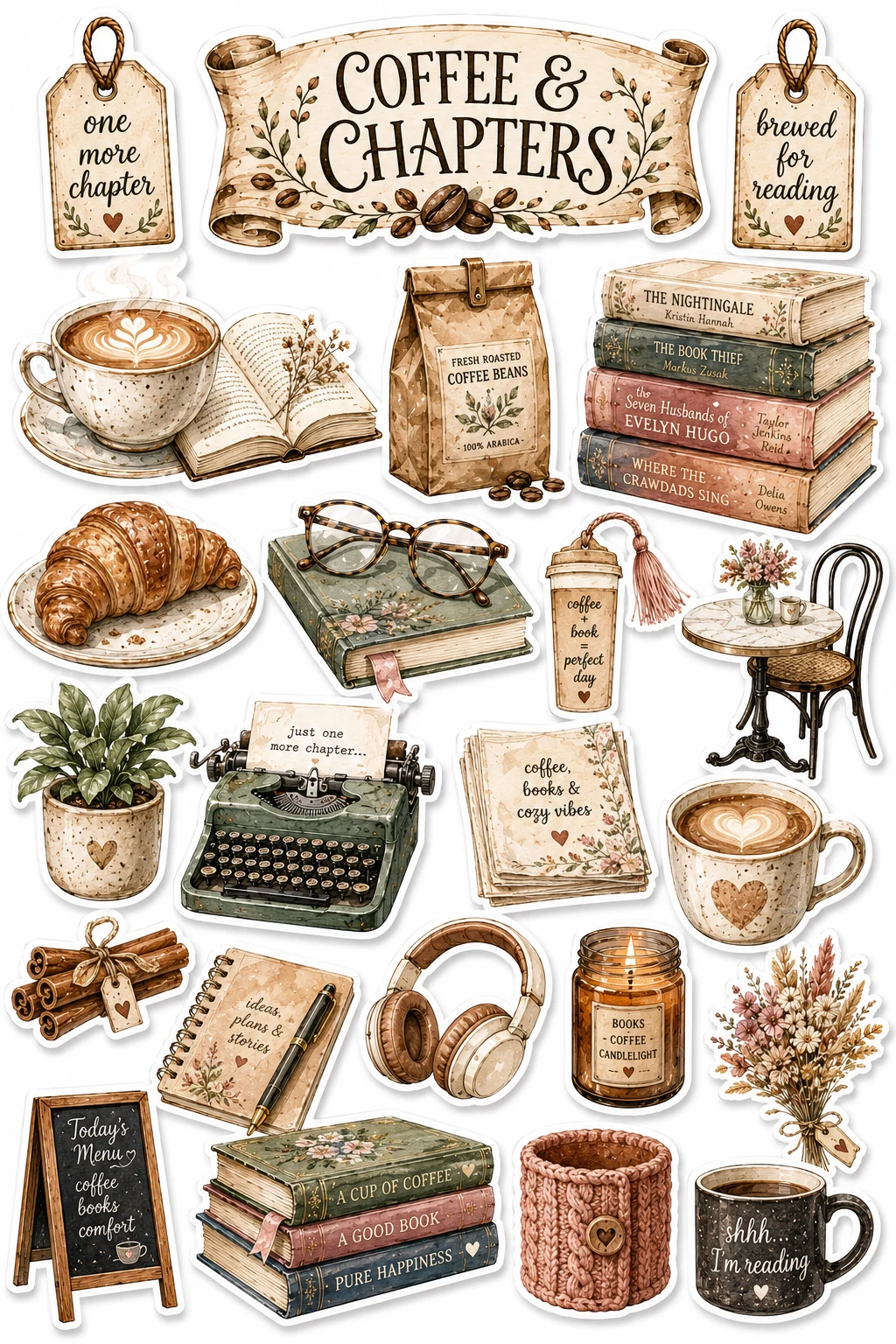 Coffee and Chapters Book Stacks Mug Sheet featuring reading nooks, vintage books, library aesthetic, and bookshop culture.