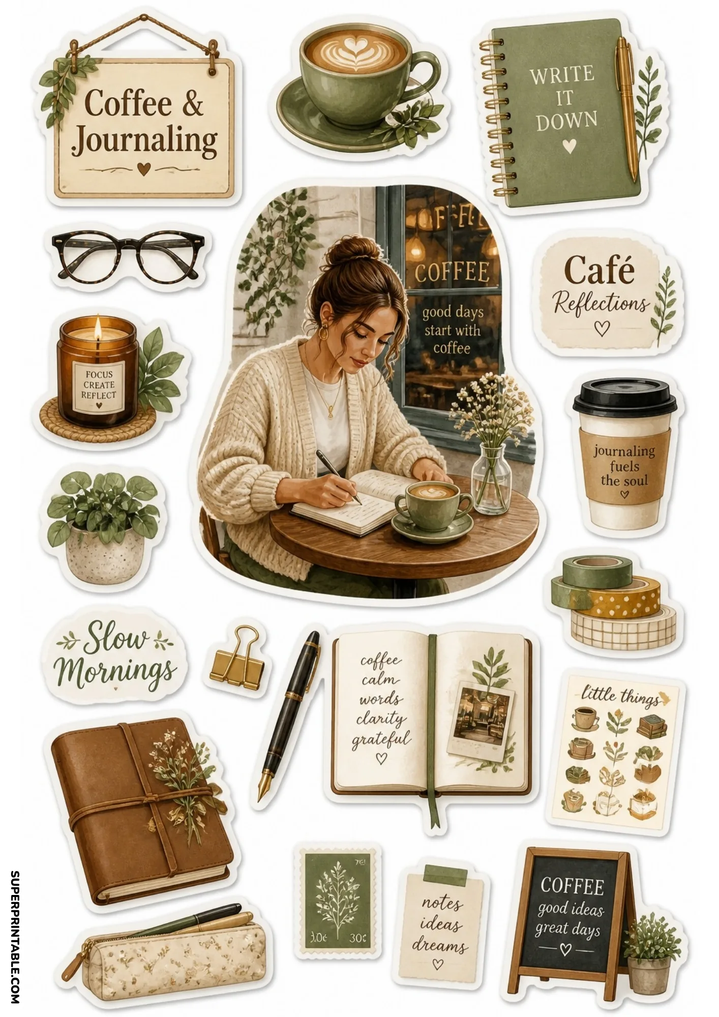 Mindful journaling stickers depicting a woman writing in her notebook with coffee at a quiet café.