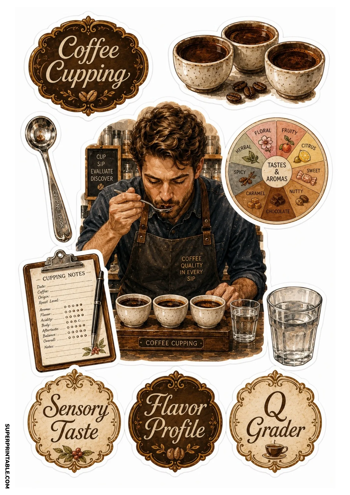 Coffee tasting cupping stickers featuring a Q grader, flavor profile wheel, and evaluation notes.